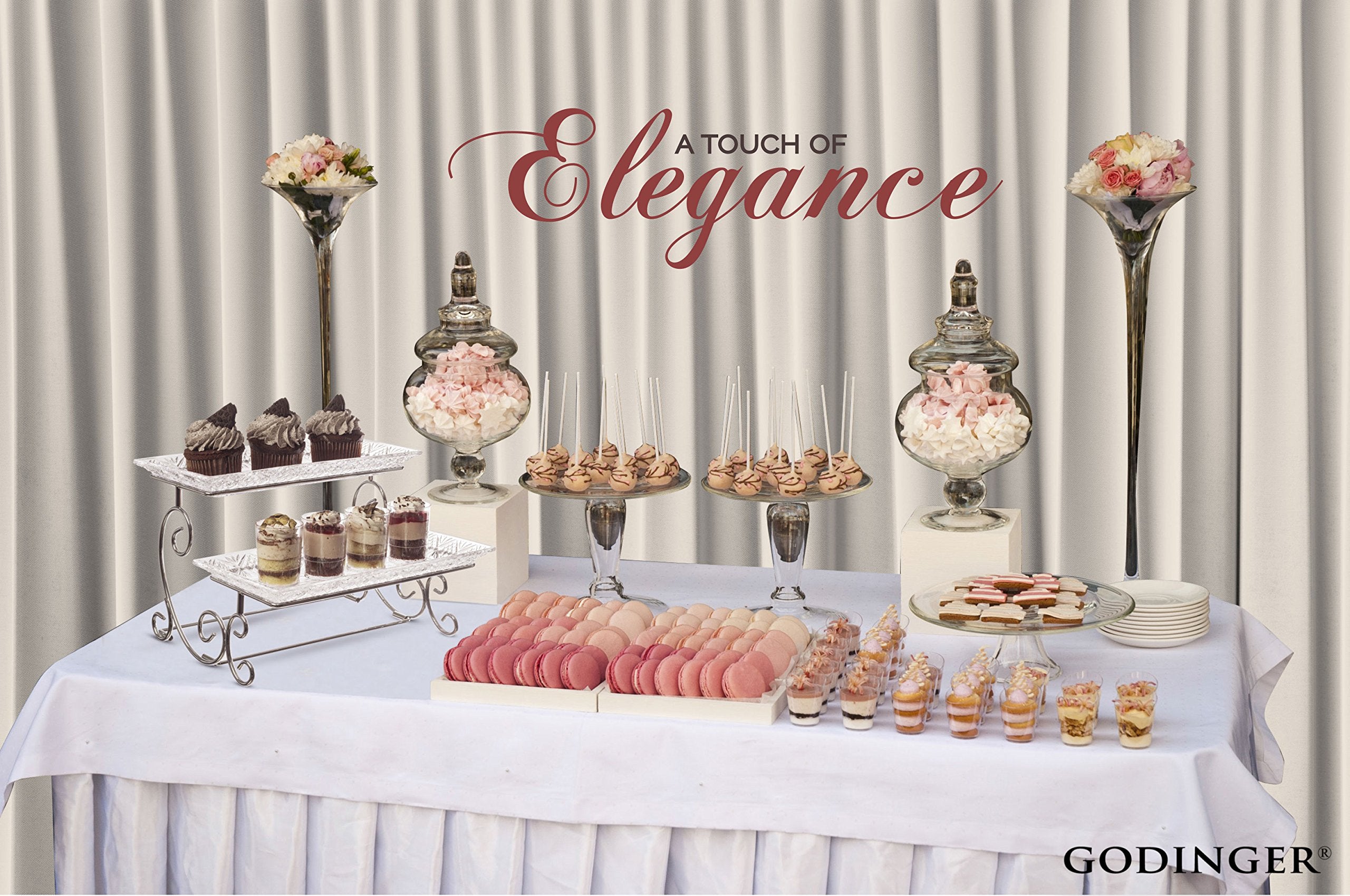 Godinger Silver Art Dublin 2 Tiered Glass Buffet Serving Tray - Chrome Plated Platter Stand with Starburst Design - Party and Event Dessert and Food Display Server