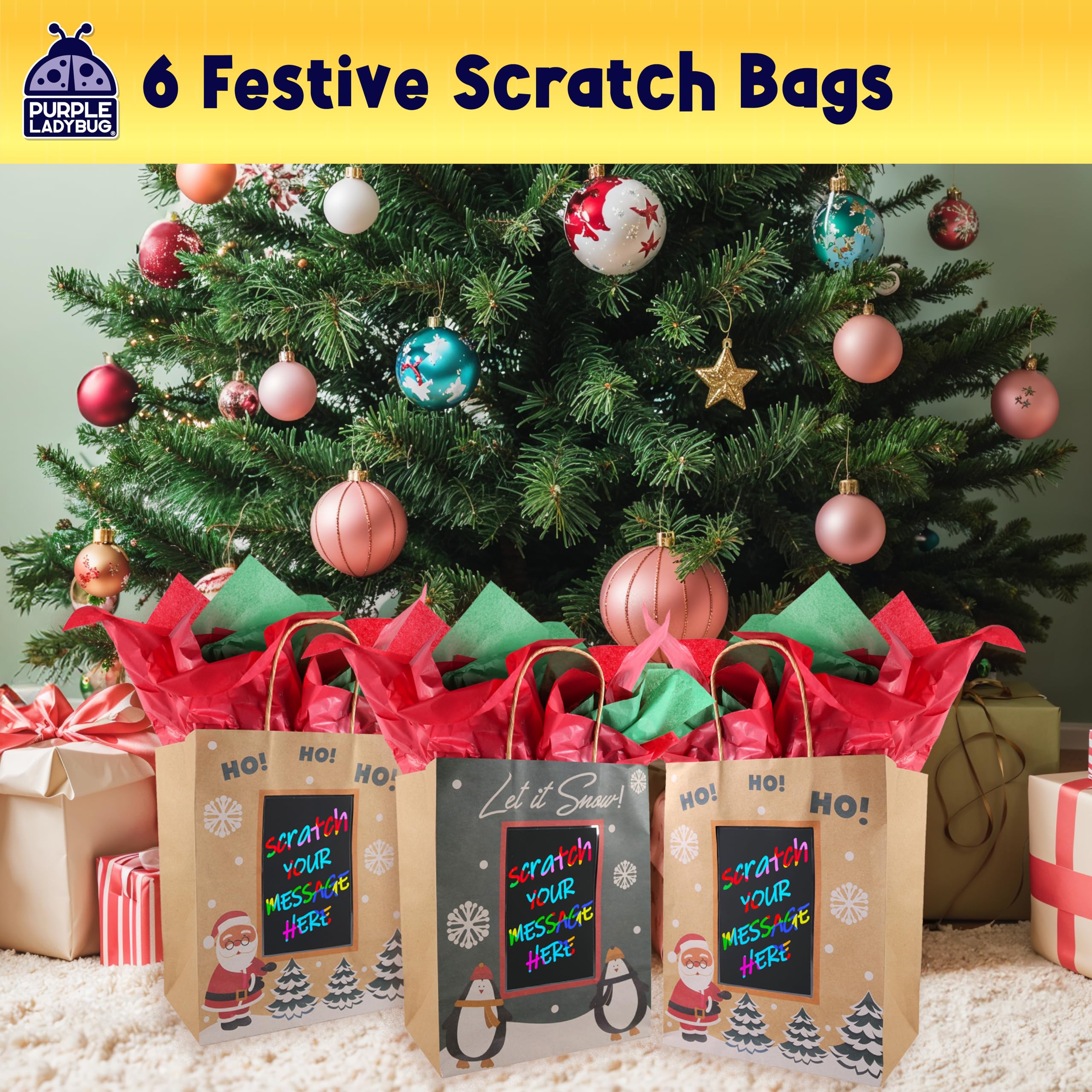 PURPLE LADYBUG 6 Brown Christmas Gift Bags Medium Size Bulk with Scratch Paper Panel for Personalized Messages & Christmas Tissue Paper - Small Christmas Bags for Gifts, Secret Santa Holiday Gift Bags