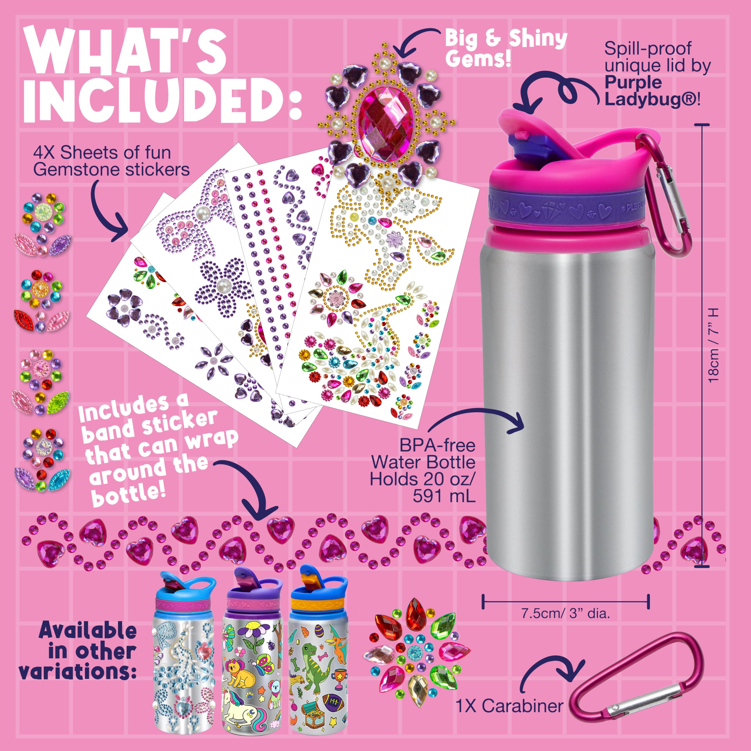 PURPLE LADYBUG Decorate Your Own Water Bottle Kits for Girls - 5 6 7 8 Year Old Girl Gifts, Girl Birthday Easter Gifts for Kids, Arts and Crafts for Kids Ages 6-8 Girls Water Bottles for School Girls