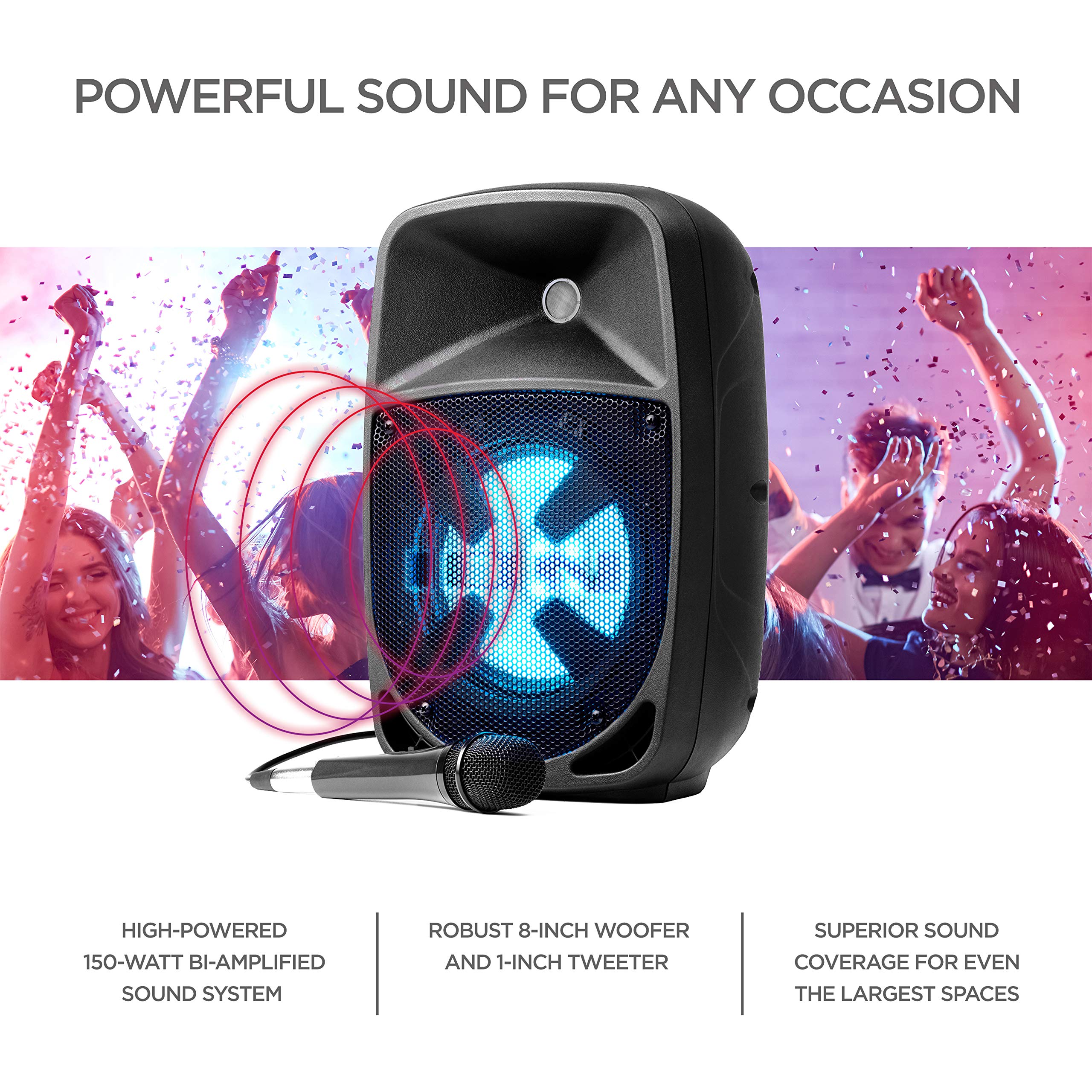 ION Audio Pro Glow 8 - 150W Wireless Bluetooth Speaker Portable PA System With Karaoke Microphone, Vocal Effects, USB/SD Playback and FM Radio