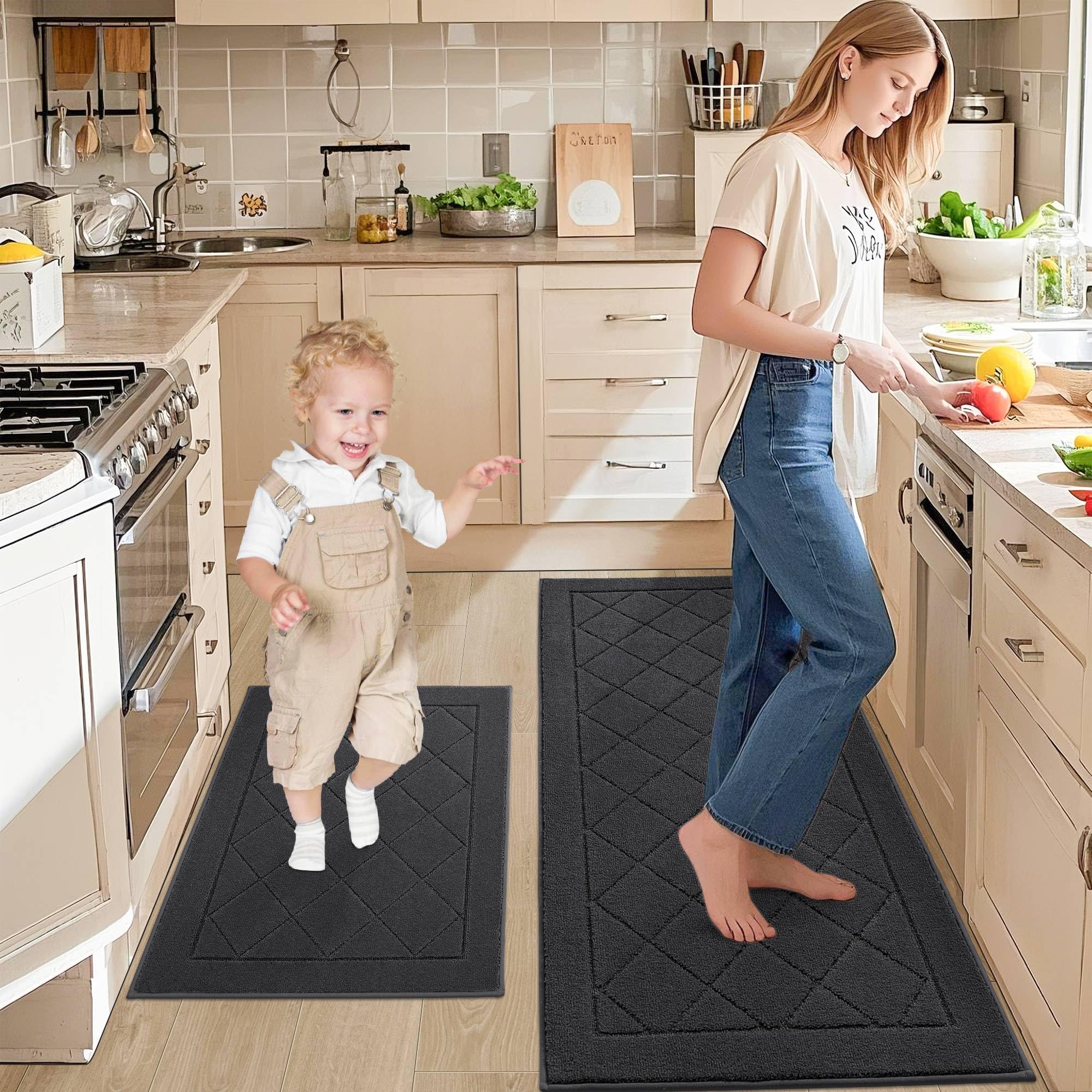 JSEI Non-Slip Kitchen Rugs, Self Adhesive No Sliding Kitchen Mats Set of 2, Soft Washable Absorbent Floor Mat for Kitchen, Bathroom, Laundry Room, Bedroom, 24”x36”+24”x60”, Dark Grey, Diamond Pattern