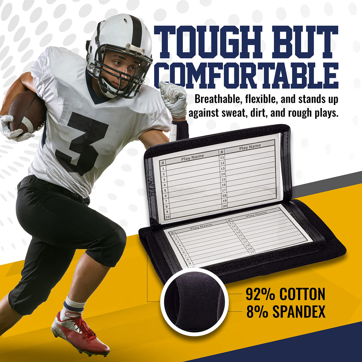 GSM Brands Quarterback (QB) Play Wristband - Adult Size - Pro Football Armband Playbook - 10 Pack (Black)