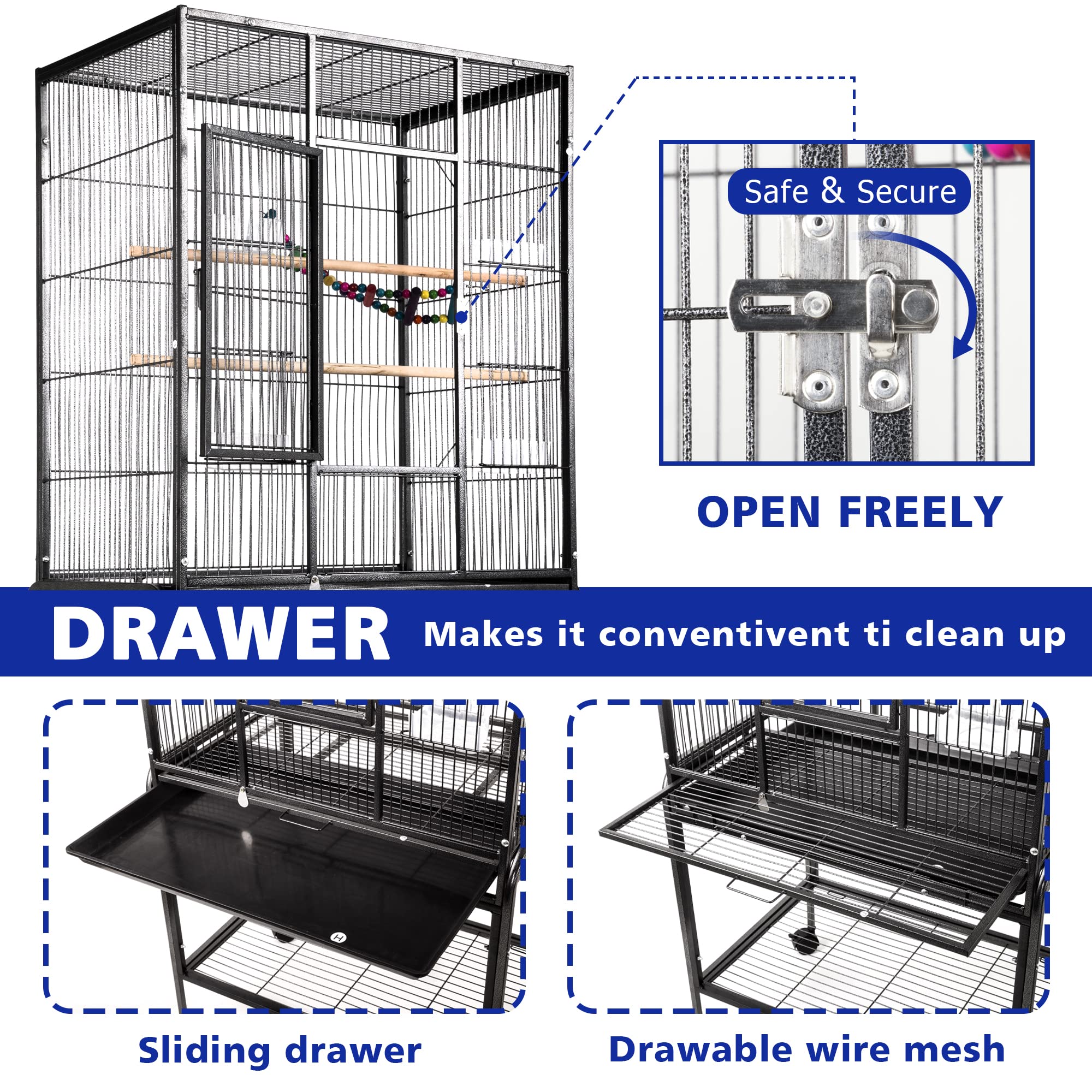 53-inch Bird Cage with Rolling Stand & Storage Shelf, Large Wrought Iron Parrot Cage for Cockatiel, Conure, Lovebird, Parakeets, Pet House with Bottom Tray Wire