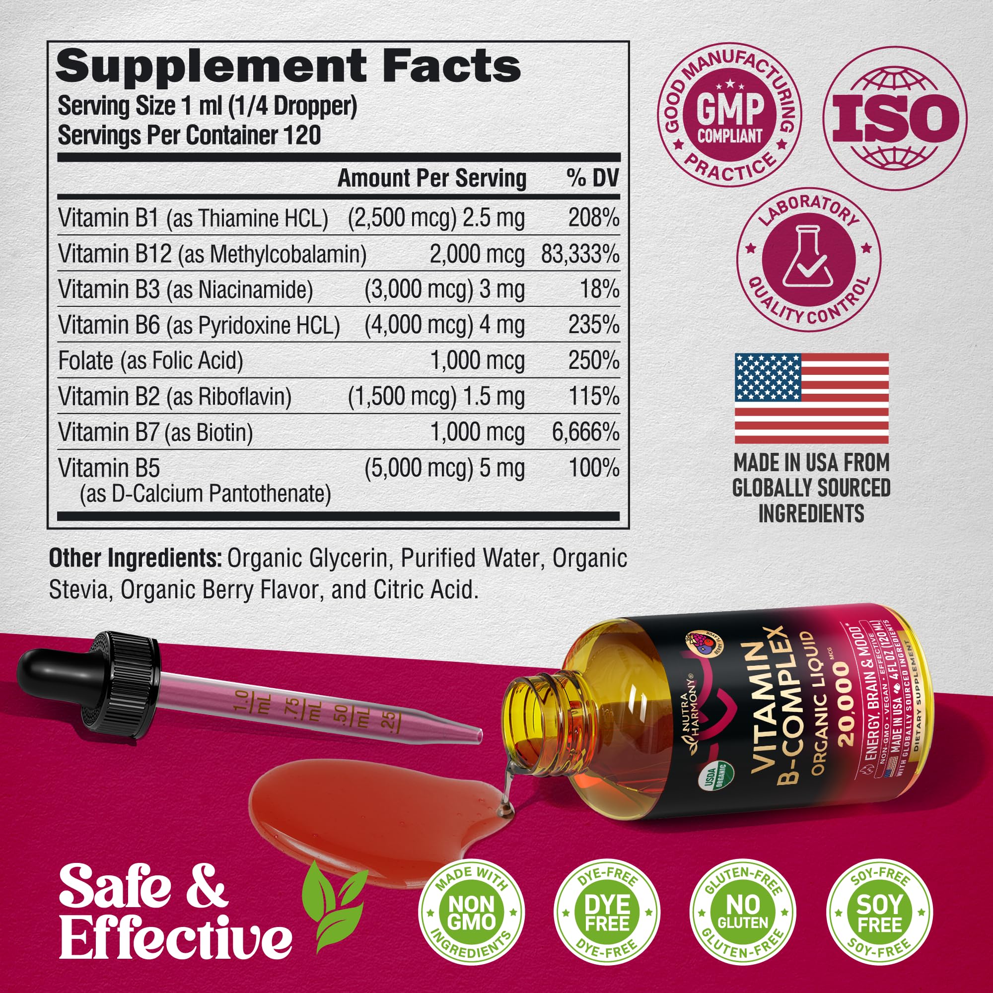 USDA Organic Vitamin B-Complex B5 Pantothenic Acid | B12 Methylcobalamin | B1 Thiamine | B6 Pyridoxine | B7 Biotin | B9 Folic | B3 Niacinamide - B Complex Liquid Drops, Made in USA Supplement, 4fl oz