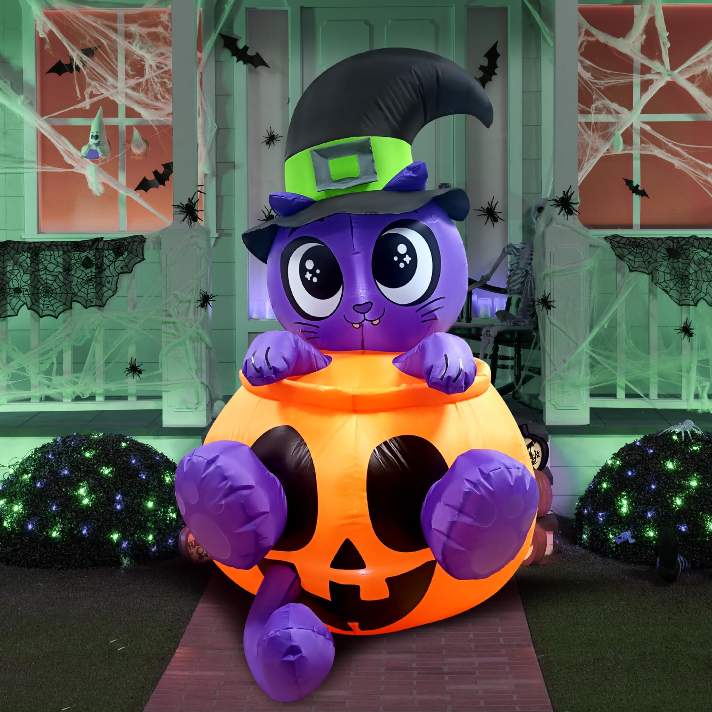 Joiedomi 5 FT Tall Halloween Inflatables Outdoor Decorations, Witch's Cat Inflatable Halloween Decor Outdoor, Halloween Inflatable Cat in Blow Up Pumpkin with LEDs for Cute Halloween Decoration