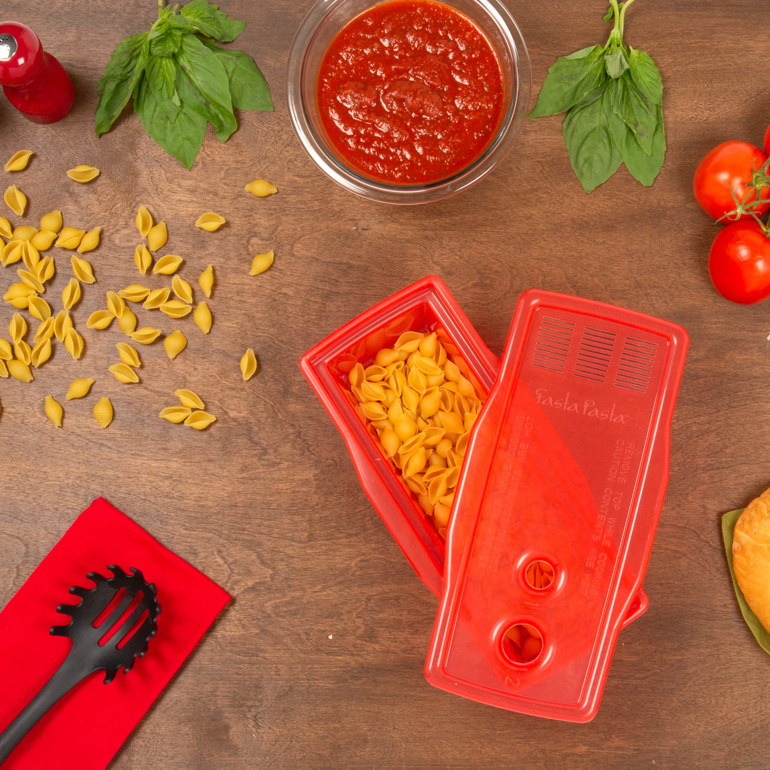Microwave Pasta Cooker, Uncoated- The Original Fasta Pasta (Red)- Quickly Cooks up to 4 Servings- No Mess, Sticking or Waiting For Boil- Perfect Al Dente Pasta Every Time- For Dorms, Small Kitchens, or Offices