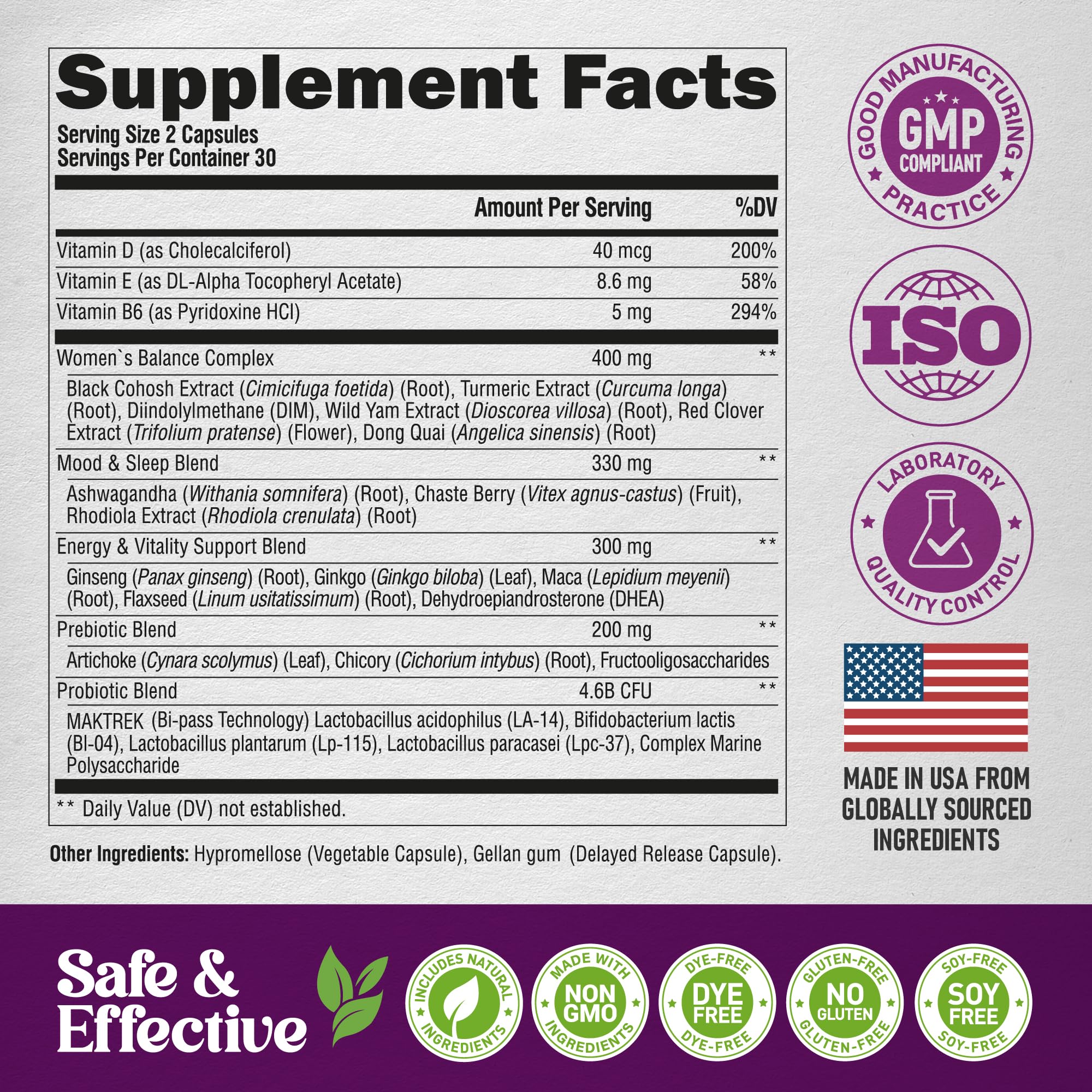 Menopause Supplements for Women - Dong Quai, Black Cohosh, Pre & Probiotics - Sweats & Hot Flashes Relief - Digestion, Sleep & Mood Support - 25-in-1 Perimenopause Complex - Made in USA - 60 Capsules