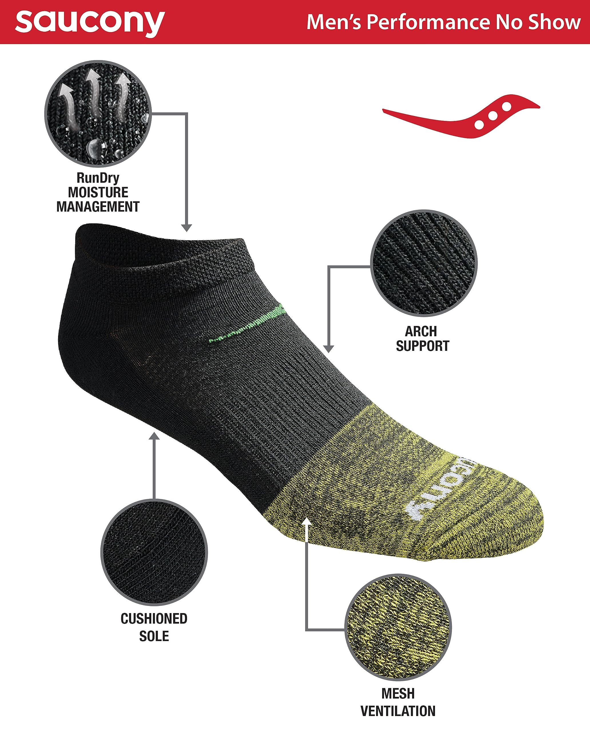 Saucony Men's RunDry Mesh Ventilating Comfort Fit Performance No-Show Socks, Available in M-XXL (6, 12, 18, Fashion Tipped Black (6 Pairs), X-Large