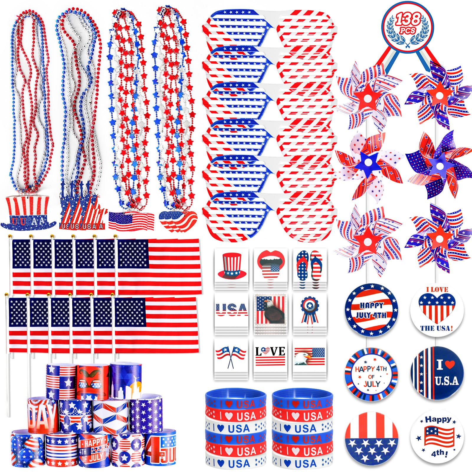 4th of July Accessories, 138Pcs Patriotic Party Favors Supplies Set Fourth of July Decorations Independence Day Celebrations Memorial Day Decor Classroom Prizes for kids