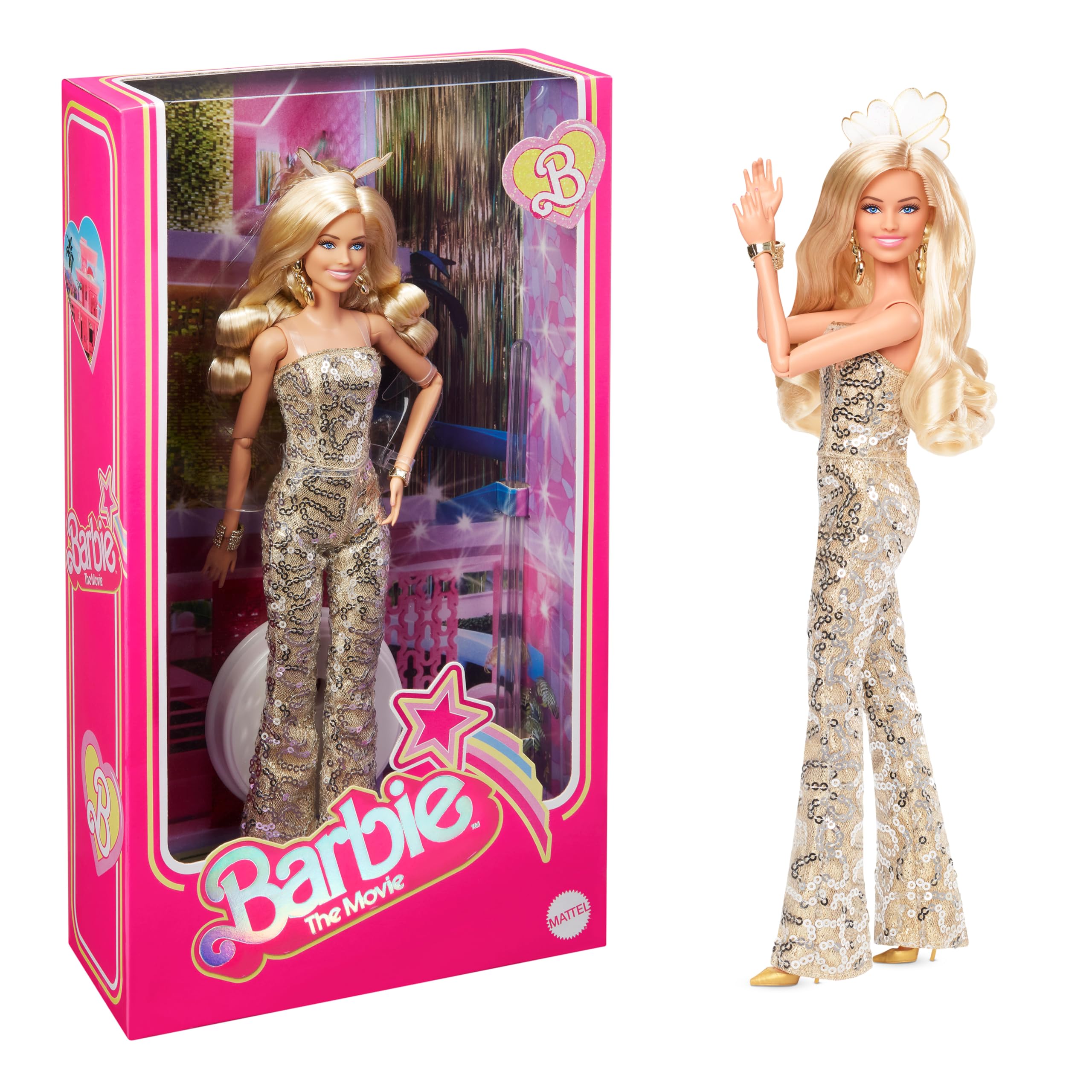 Barbie Margot Robbie as in Gold Disco Jumpsuit The Movie Collectible Doll (HPJ99)