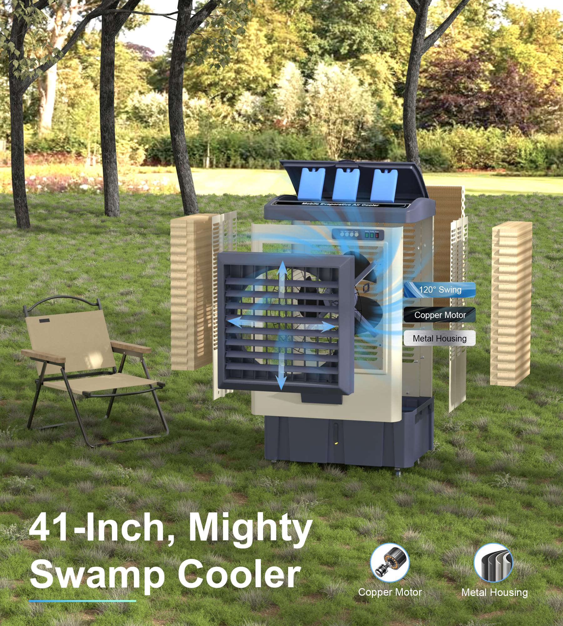 Mountman 41-Inch Swamp Cooler, 4800CFM Industry Evaporative Cooler, 3 Speeds, 120° Swing, 10.6 Gal Water Tank, Outdoor Evaporative Air Cooler for Patio, Yard, Porch, Factory