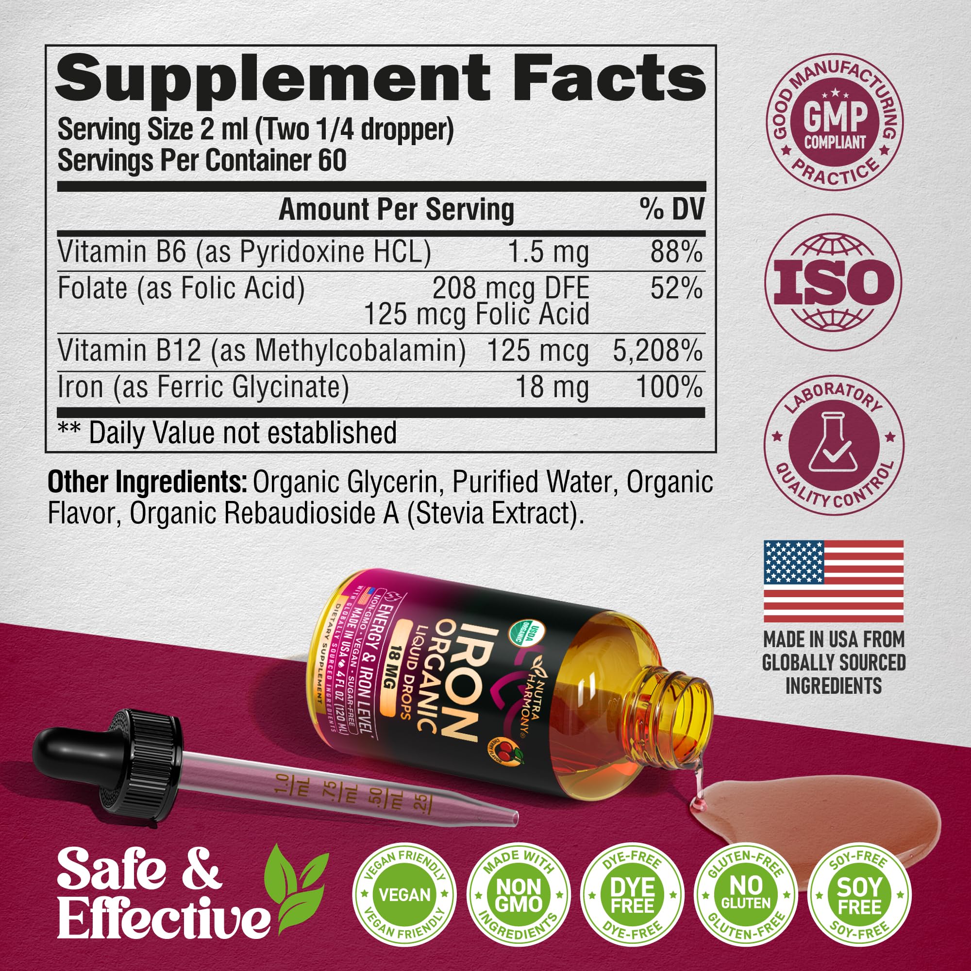 Liquid Iron Supplement for Women 18 mg - USDA Organic Drops, USA-Made - with Folate, Vitamin B12 & B6 - Iron Level & Energy - Gentle & High Absorption Glycinate Form - Cherry Flavor, Sugar-Free, 4 oz