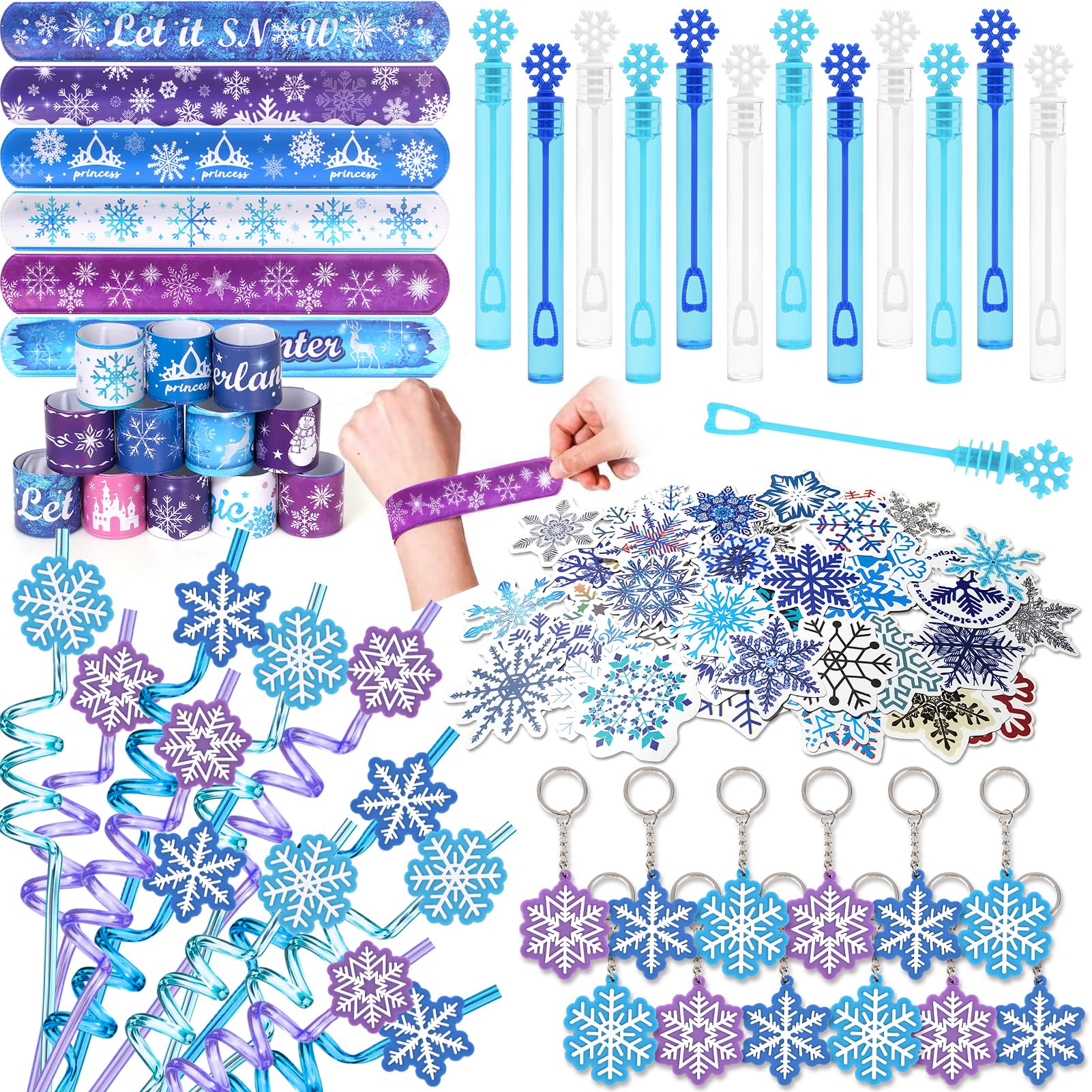Golray 98pcs Snow Party Favors Birthday Supplies for Girls Kids Snowflake Straw Bubble Wands Sticker Toy Prize Filler Goodie Bag Stuffer Winter Girl Party Favors