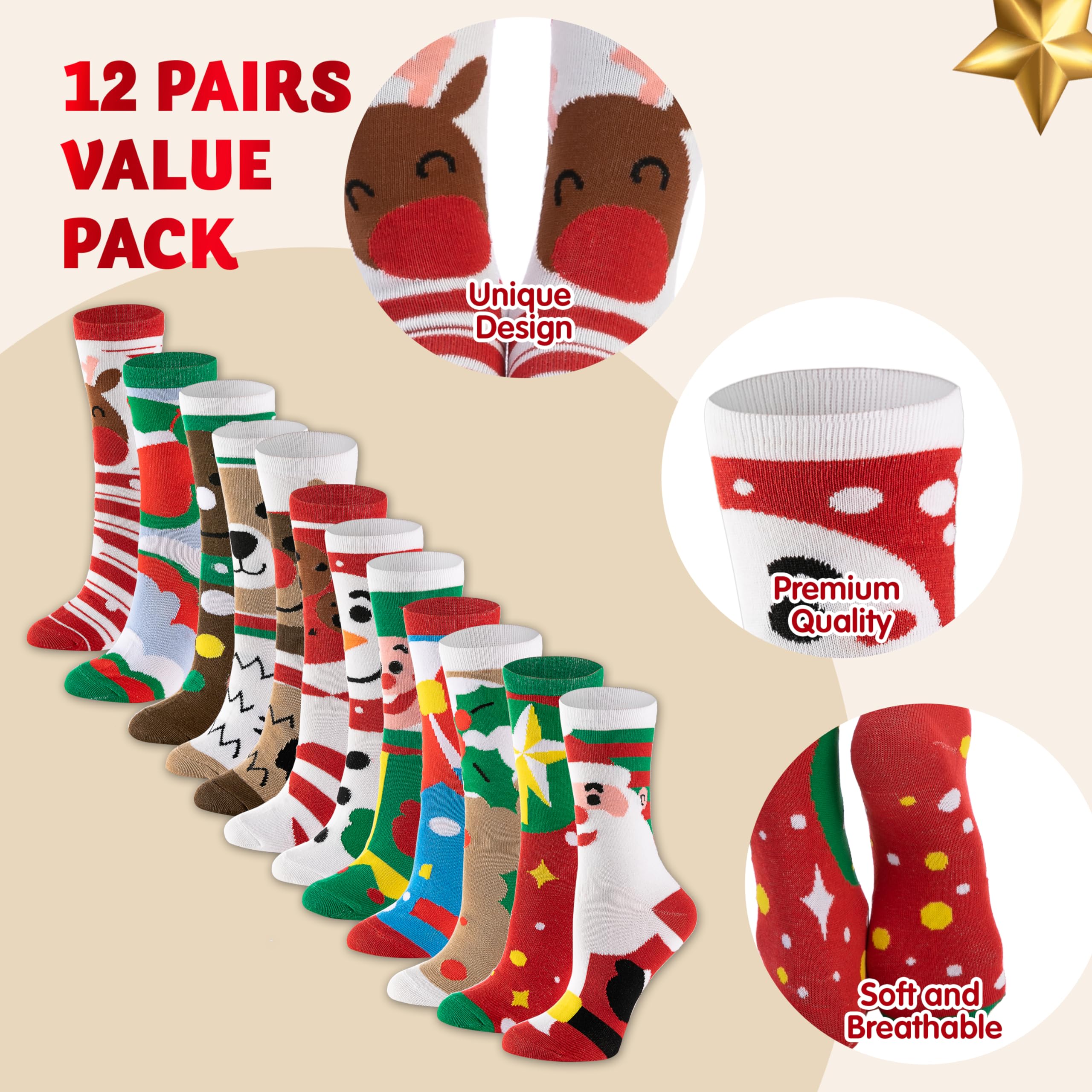 JOYIN 12 Packs Christmas Socks Women Colorful Funky Paint Crew Socks for Women Men for Christmas, Holiday or Birthday Gift