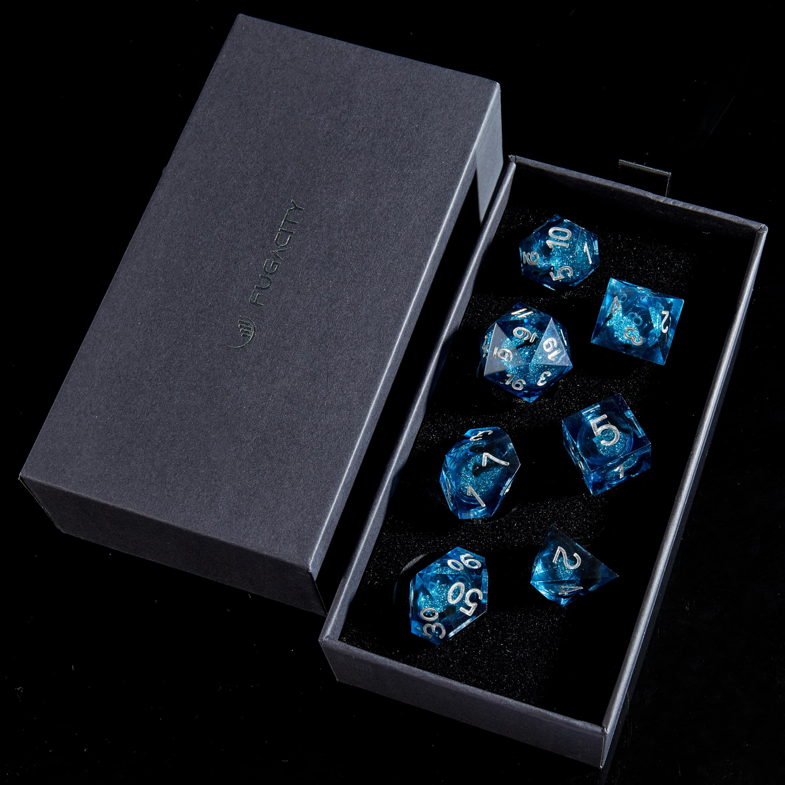 Fugacity DND Dice Set, Liquid Core Handmade Sharp Edge 7 Piece Resin Dice-Dungeons and Dragons Polyhedral Dice Set, D&D Dice Set with Gift Dice Case for RPG MTG Table Games(Blue Sand & Silver)