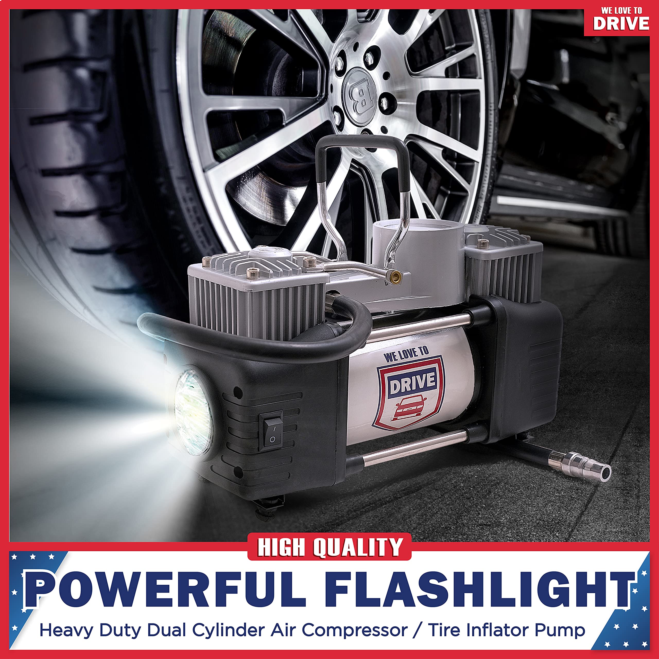 Air Pump and Tire Repair Kit β 12V DC Portable Air Compressor Tire Inflator with 150 PSI Gauge & Car Emergency Kit, Carry Case, Adaptors, Extension Hose, Car Plug & Tire Patch Kit by WE LOVE TO DRIVE