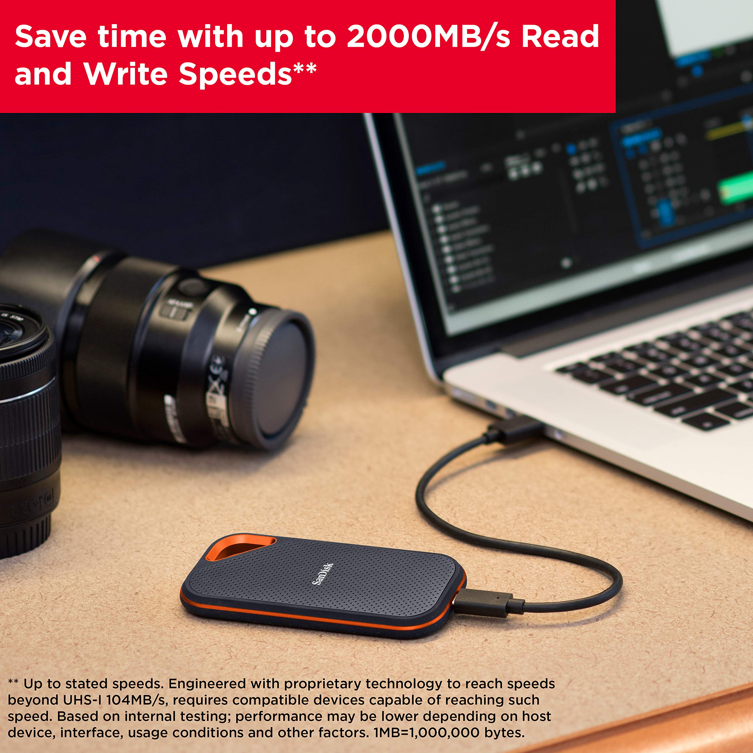 SANDISK 2TB Extreme PRO Portable SSD - Up to 2000MB/s - USB-C, USB 3.2 Gen 2x2, IP65 Water and Dust Resistance, Updated Firmware - External Solid State Drive - SDSSDE81-2T00-G25