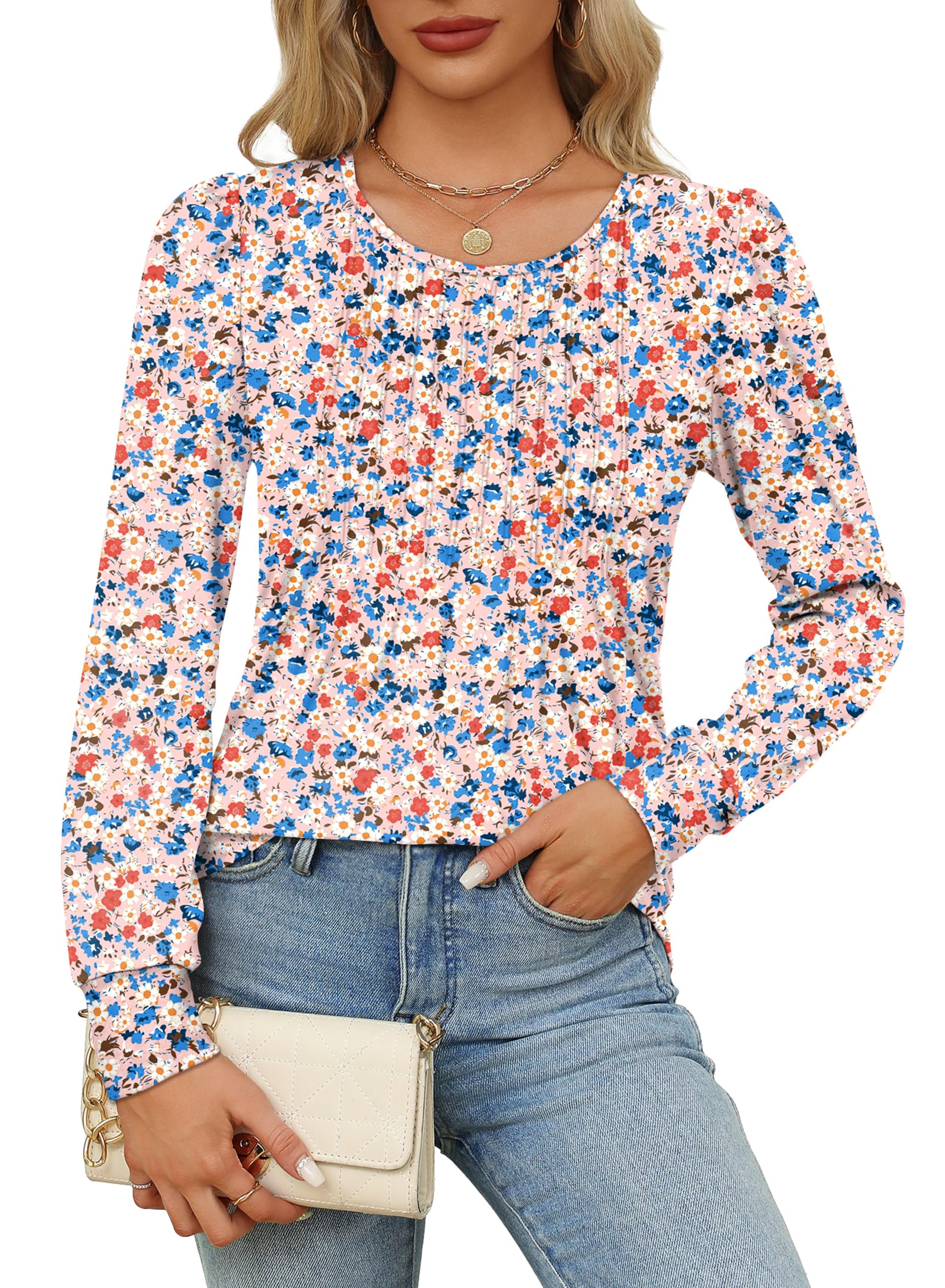 Shirts for Women Trendy Fall Long Sleeve Blouses Dressy Casual Flattering Cute Tunic Tops Floral Pink S