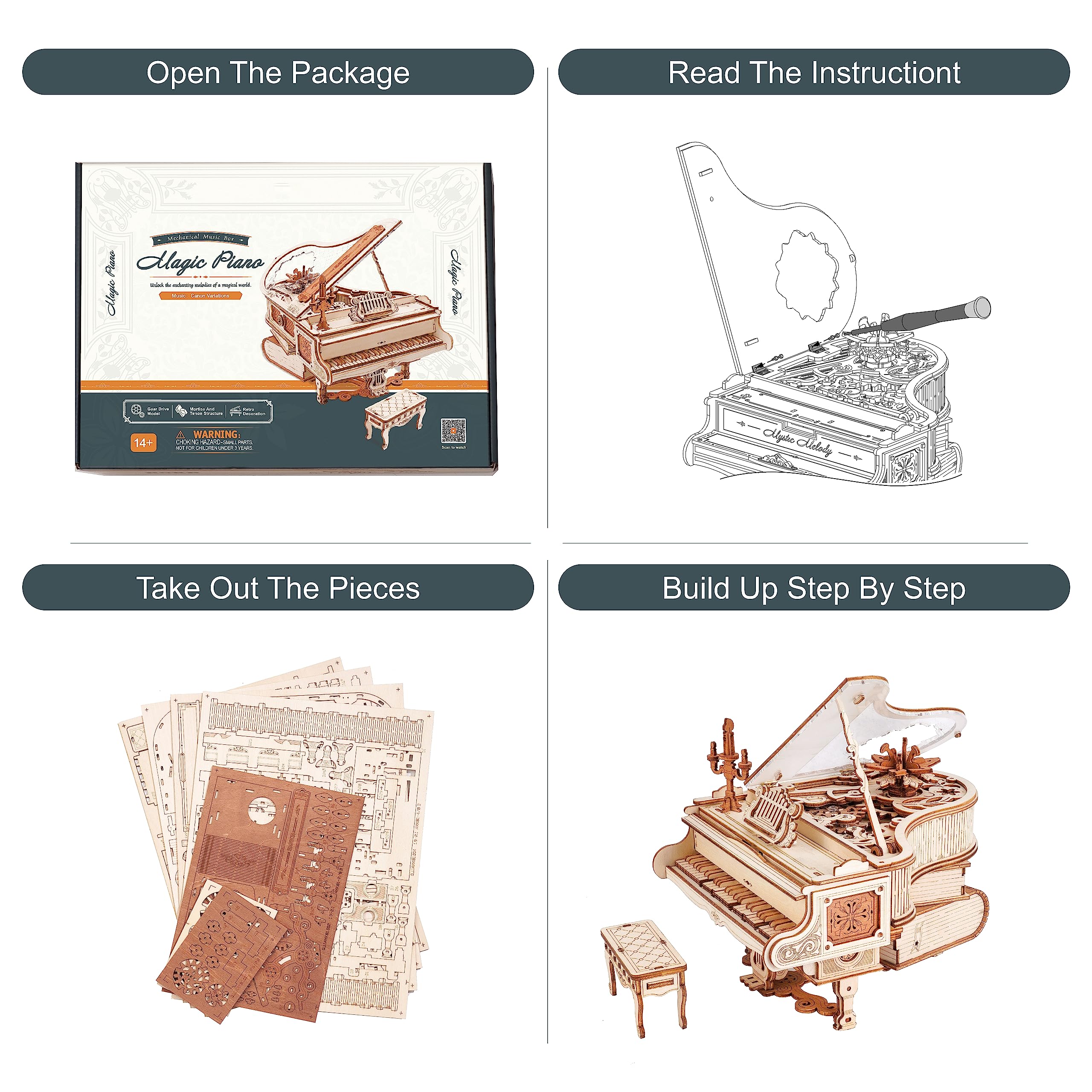 RoWood 3D Puzzles for Adults,DIY Music Box Gifts,Wooden Magic Piano Model Kits,Mechanical Wooden Puzzles,Music Box for Adults,Teens&Friends