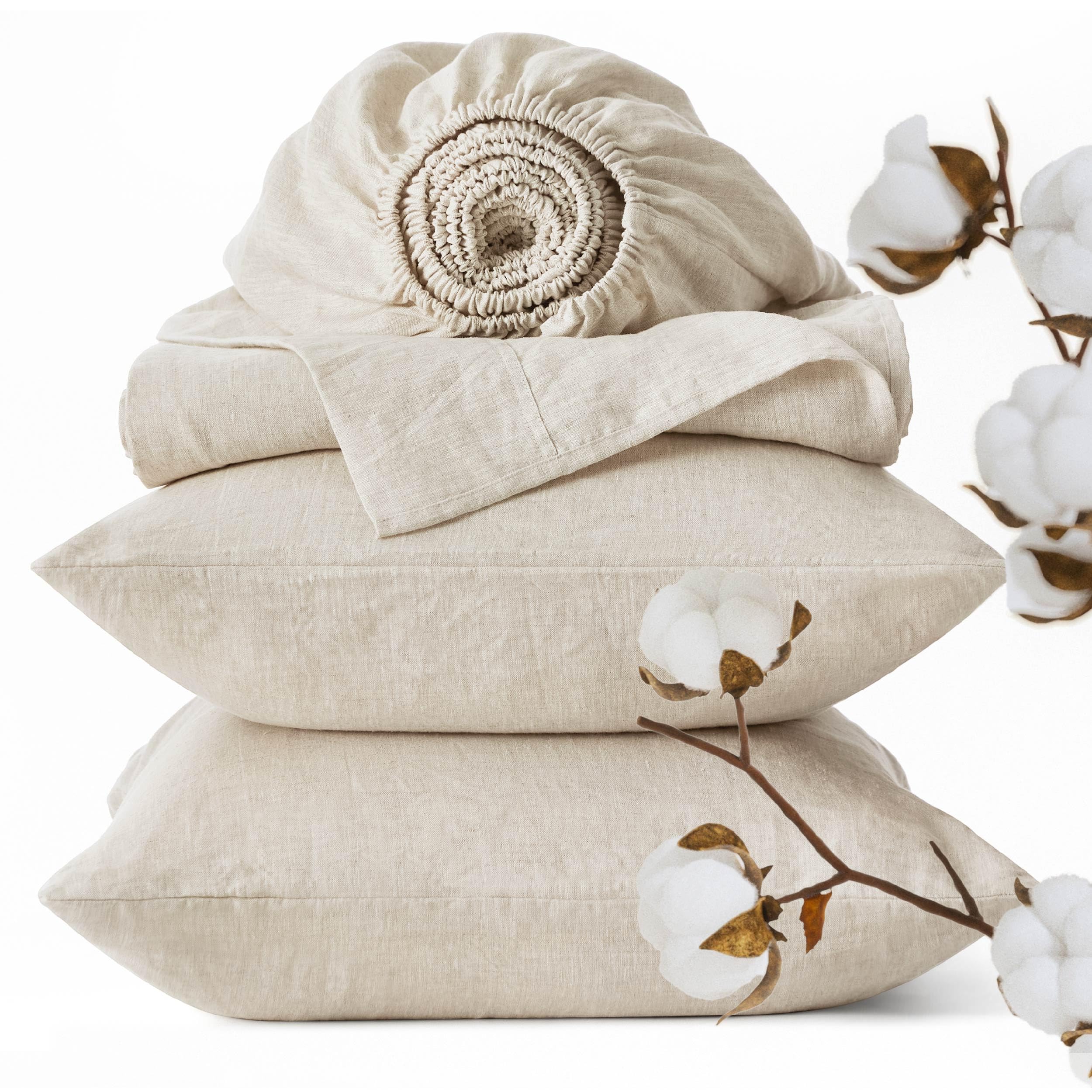 Bedsure Linen Sheets - Linen Bedsheets Queen Size Bed, Blend from Linen Cotton Sheets, Breathable & Soft Cotton Bedsheets, Gifts for All Seasons, 4 Pieces, Tannish Linen