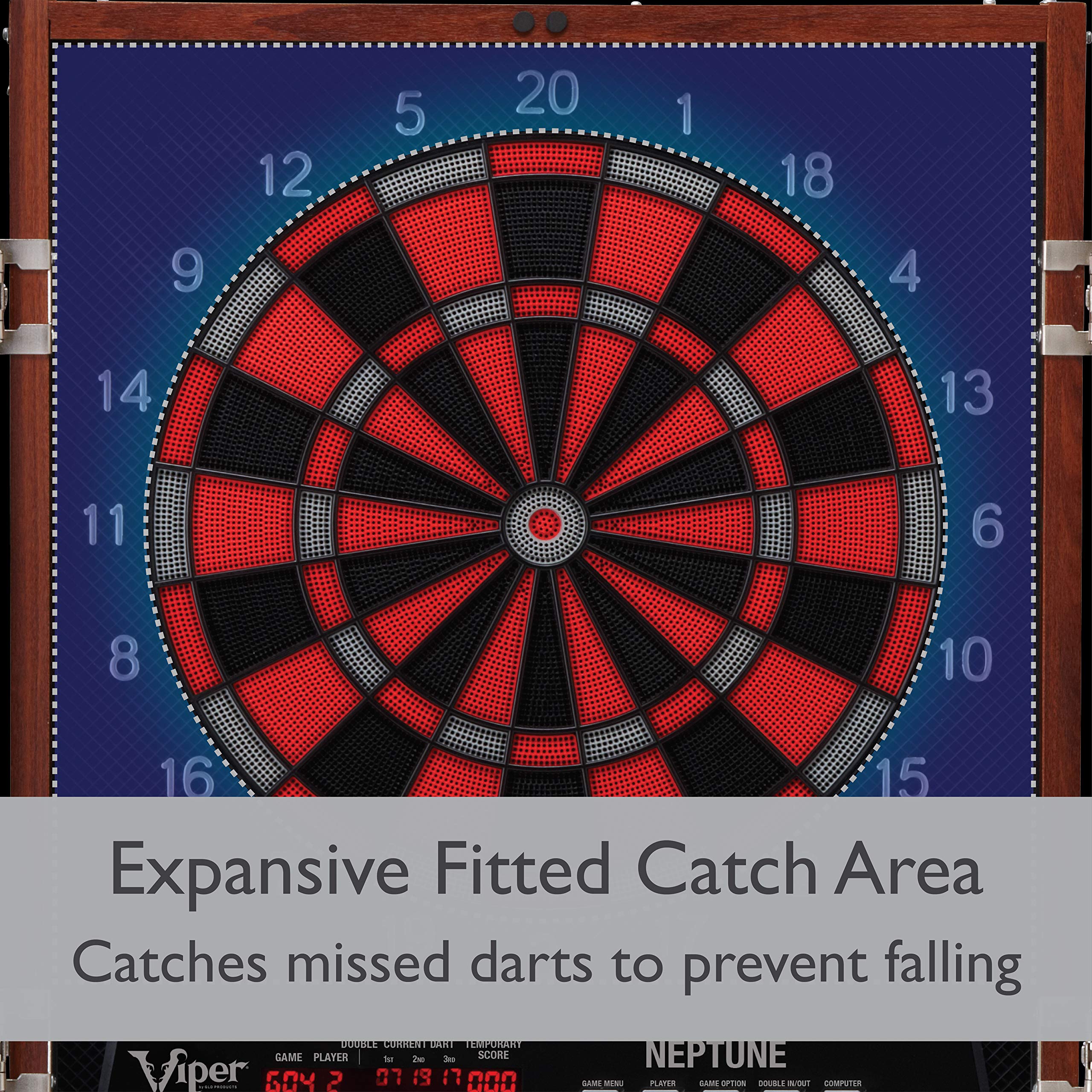 Viper by GLD Products Neptune Electronic Dartboard Cabinet Combo Pro Size Over 55 Games Large Auto-Scoring LCD Cricket Display Extended Dart Catch Area 16 Player Multiplayer with Soft Tip Darts and Power Adapter , 21.5" L x 26.5" W x 3.5" H