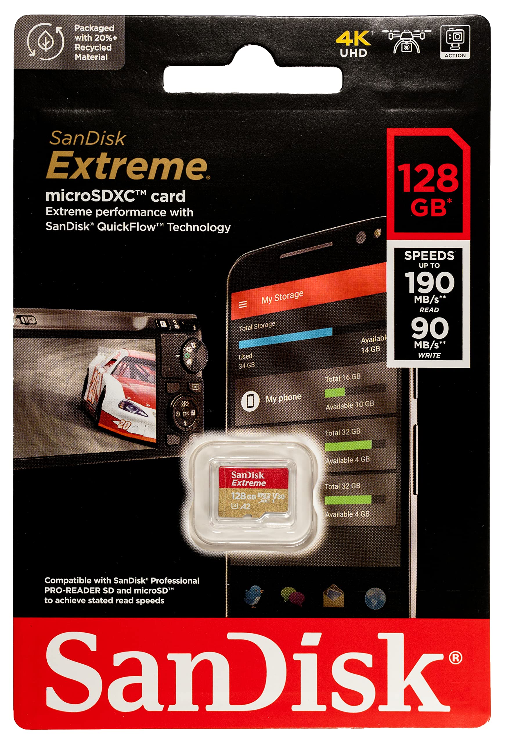 SanDisk 128GB Extreme MicroSD (5 Pack) Memory Card for DJI FPV Drone (SDSQXAA-128G-GN6MN) Class 10 4K V30 UHS-I U3 A2 SDXC Bundle with (1) Everything But Stromboli MicroSD and SD Card Reader
