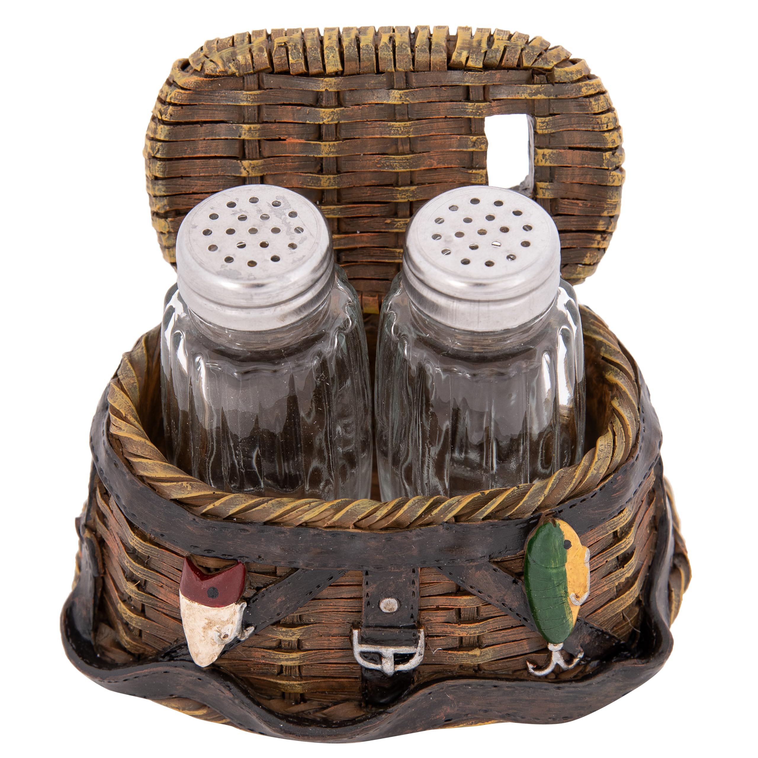 Corner Merchant Lake Cabin Salt and Pepper Shakers - Rustic Kitchen Cutie Salt Pepper Holder (Fishing Basket)