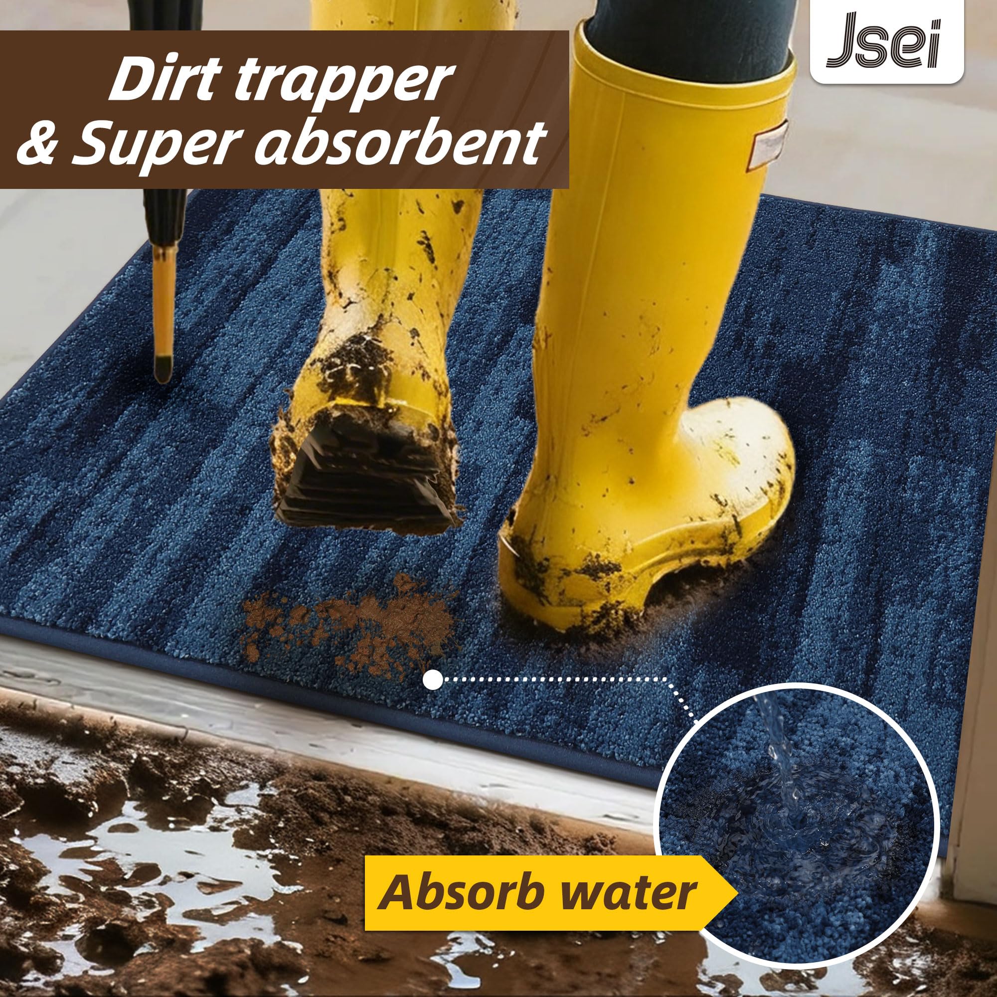 JSEI Dirt Trapper Door Mat 20"x32", Non-Slip Doormats Washable Entryway Mat, Welcome Floor Mat Absorbent Low Profile Dog Door Mats for Front Back Door, Muddy Wet Shoes & Paws, Blue