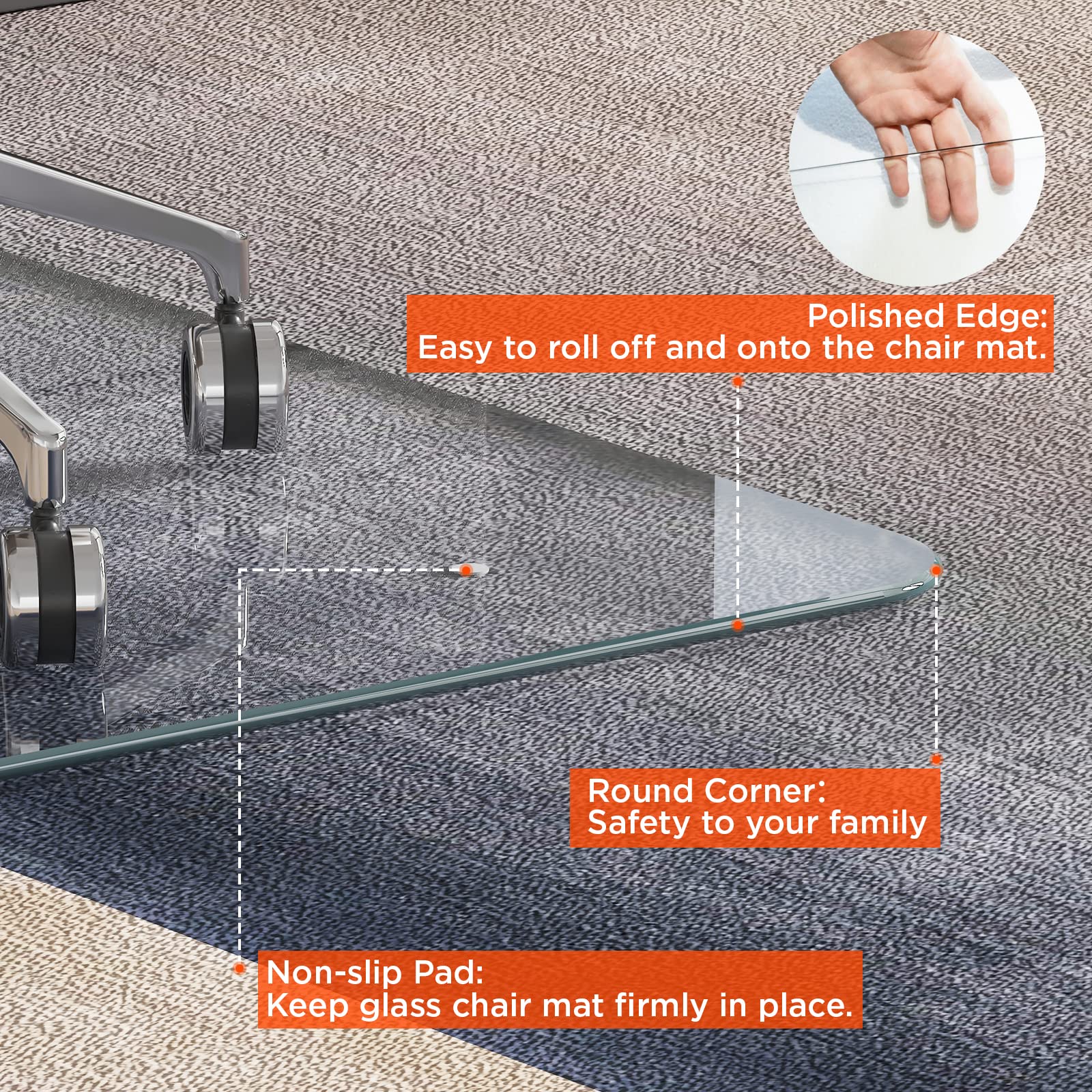 Glass Chair Mats for Carpeted or Hard Floors 1/4 inch Thick, 46"X36" Office Chair Mat for Carpet, Clear Tempered Glass Desk Chair Mat for Home/Office Floor, Transparent, Effortless Rolling