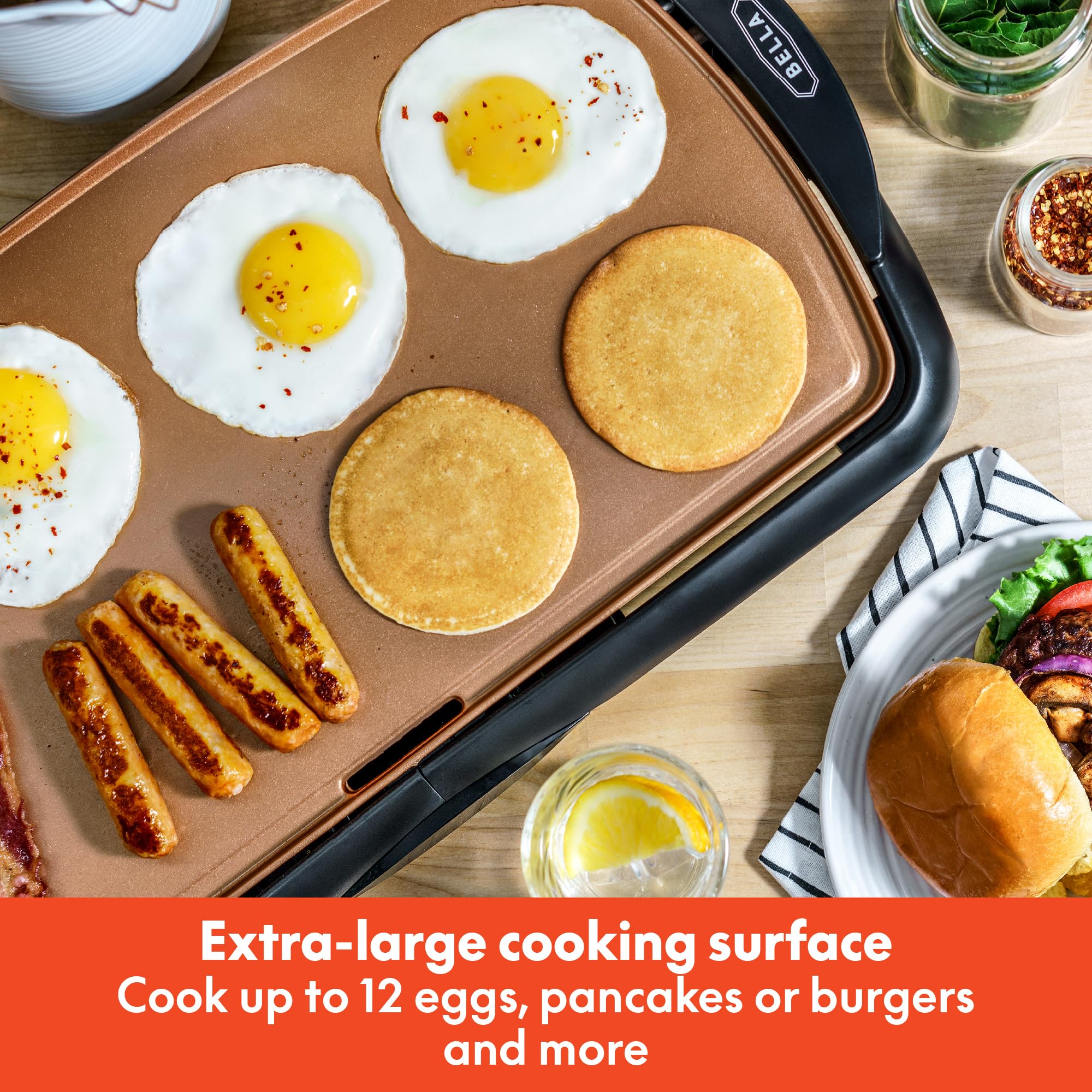 BELLA Electric Ceramic Titanium Griddle, Make 10 Eggs At Once, Healthy-Eco Non-stick Coating, Hassle-Free Clean Up, Large Submersible Cooking Surface, 10.5" x 20", Copper/Black