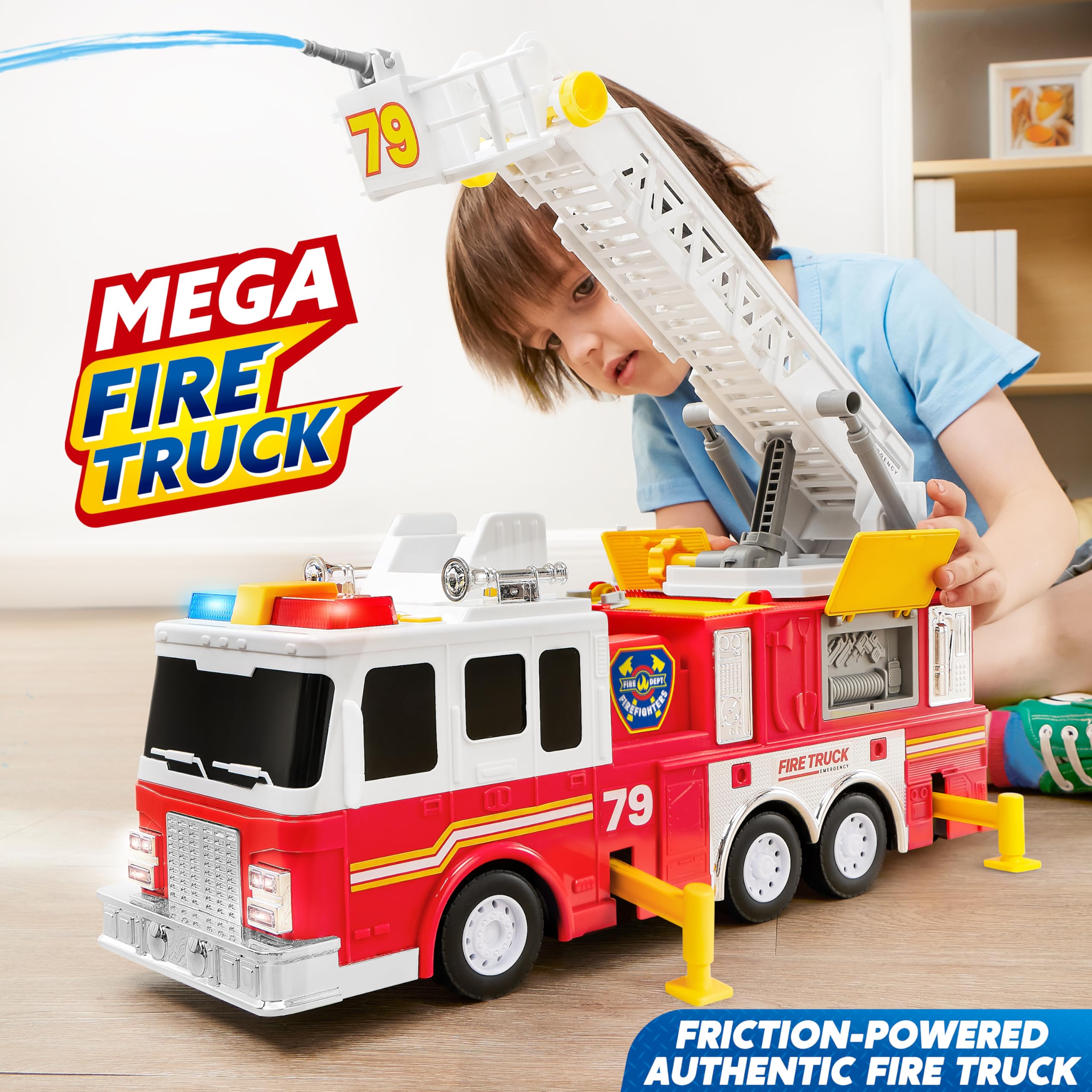 JOYIN Extra Large 33-inch Ladder Fire Truck Toy for Kids 3+ - Lights, Sirens, Hose, Pump