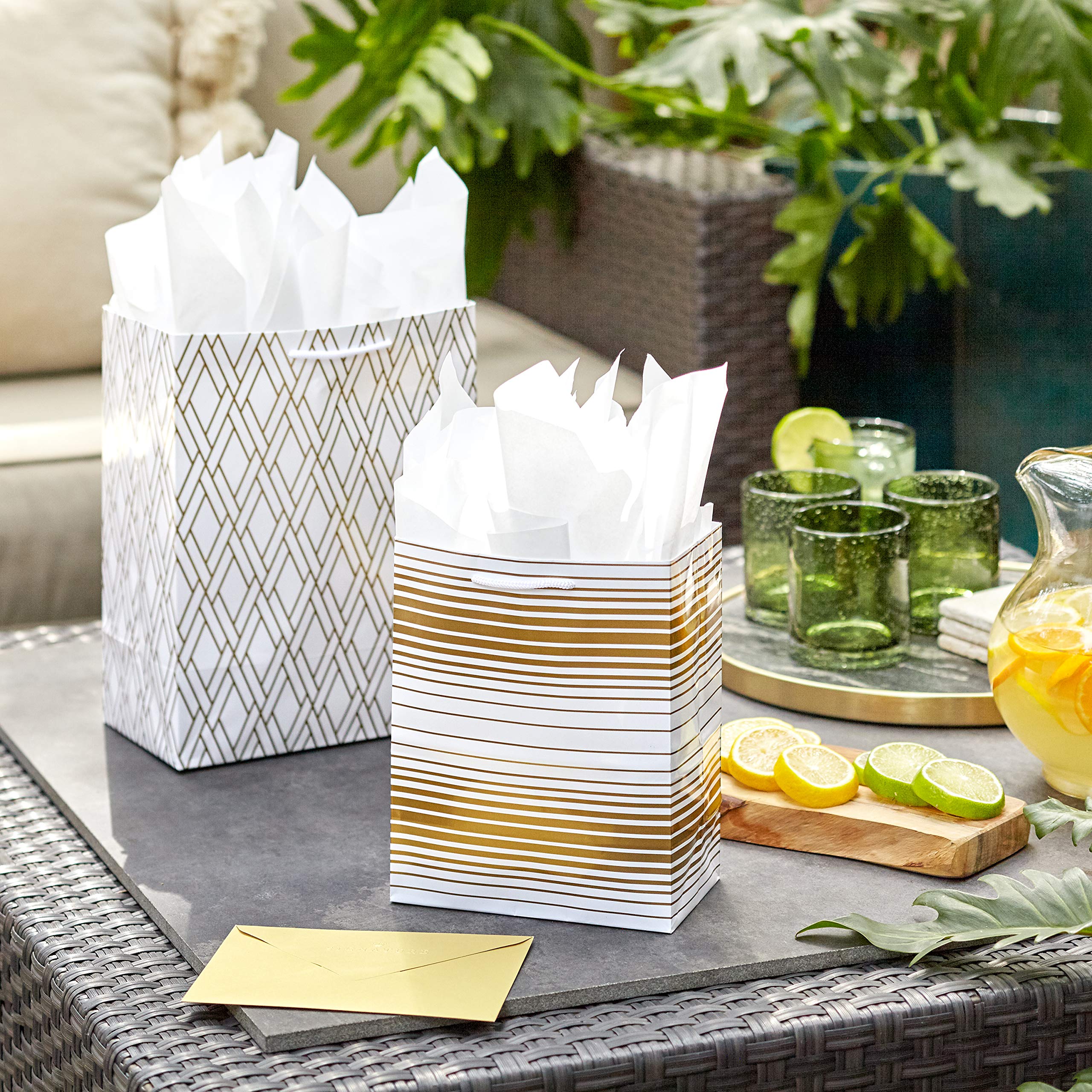 Hallmark Gold Gift Bag Assortment - Diamonds, Stripes, Dots (Pack of 6: 2 Medium 9", 2 Large 11", 2 Extra Large 14") for Birthdays, Mother's Day, Weddings, Bridal Showers, Anniversaries and More