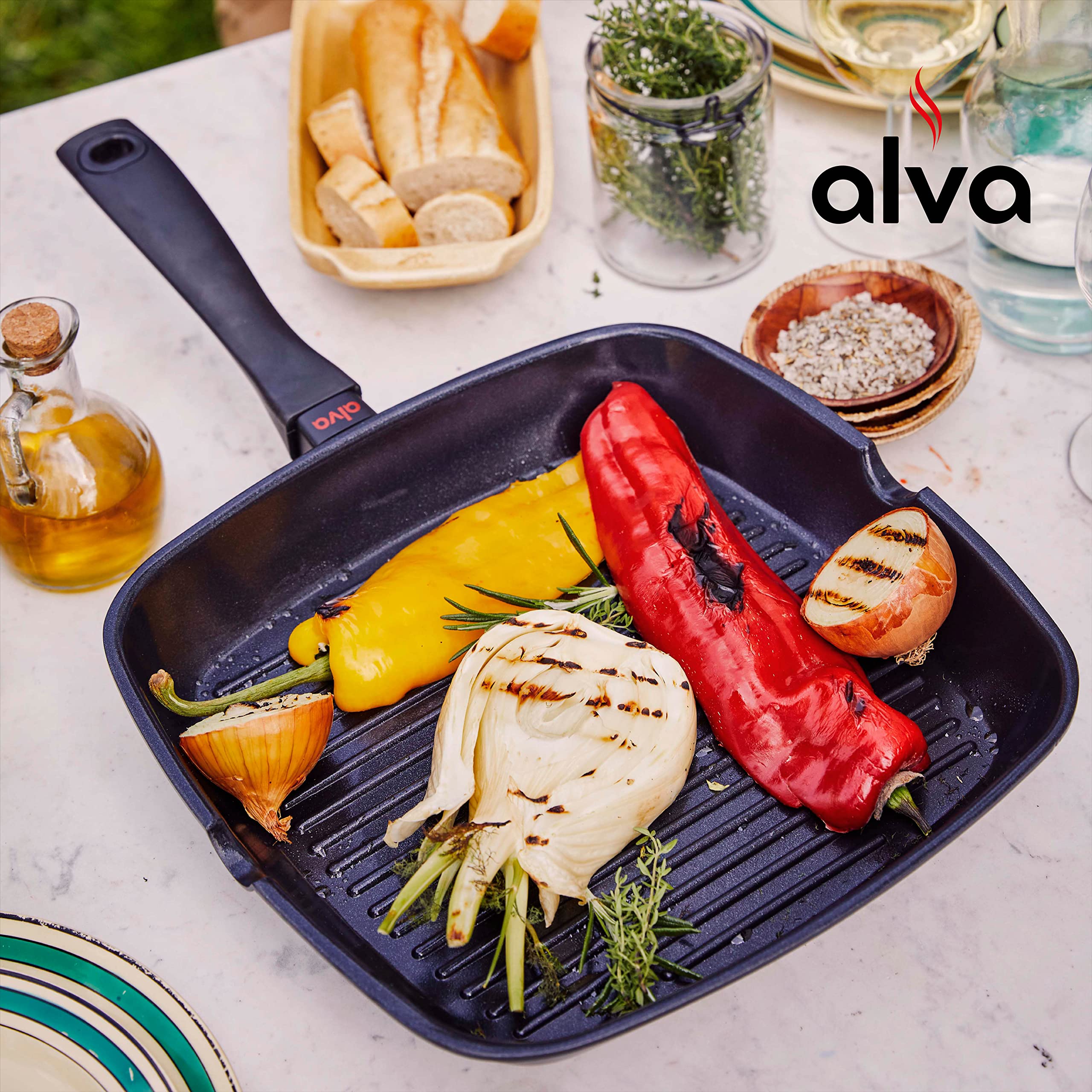 Alva Energy 11 Inch Ceramic Coated Cast Aluminum Grill Pan Nonstick Easy Clean Even Heating with Grill Marks Fat Drainage Lightweight Sturdy Indoor Oven Induction Cooking Stay Cool Balanced Handles