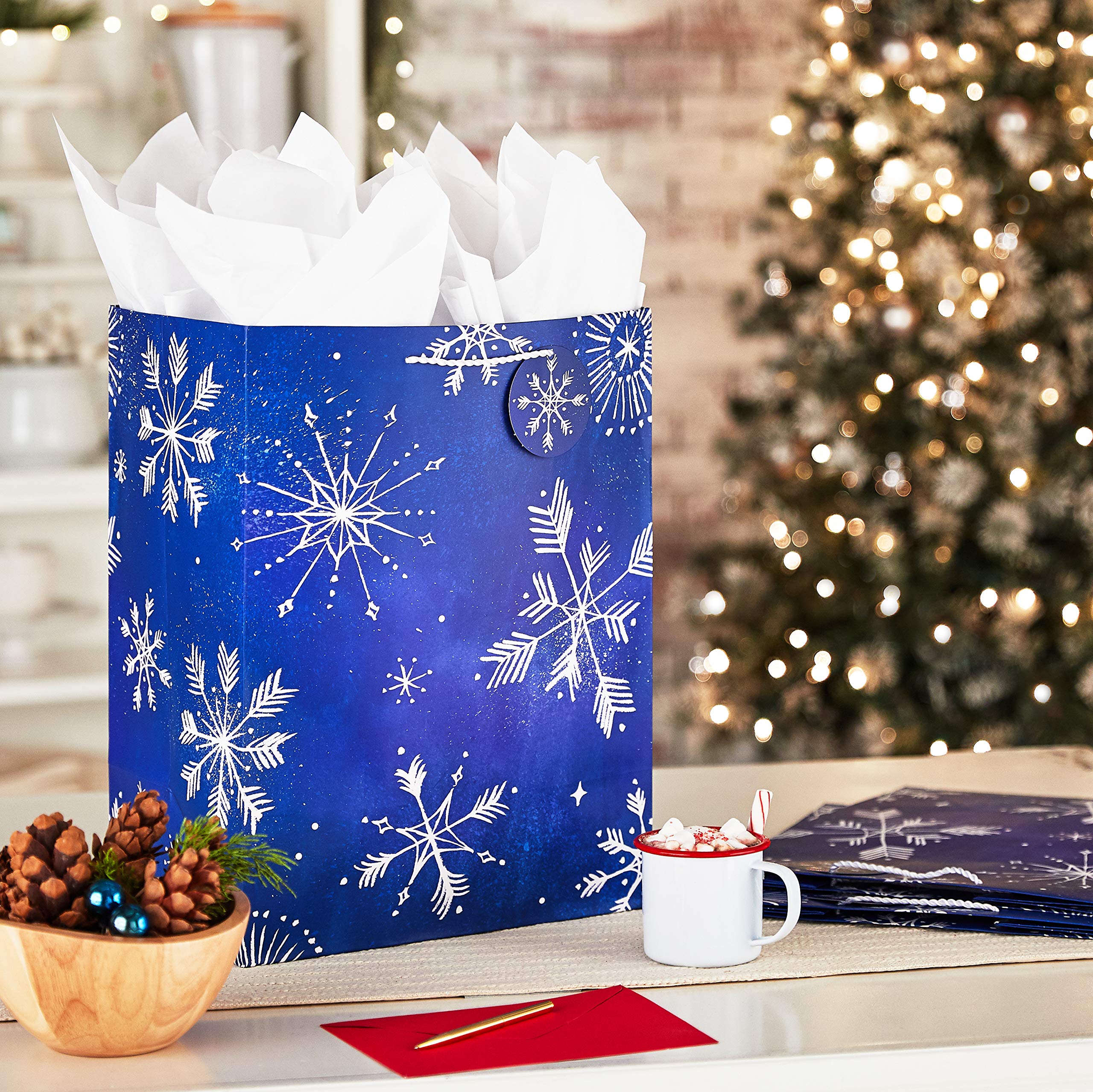 Hallmark 17" Extra Large Blue Gift Bags with Tissue Paper (3 Gift Bags: Starry Snowflakes on Navy) for Winter Weddings, Birthdays, Housewarming Gifts