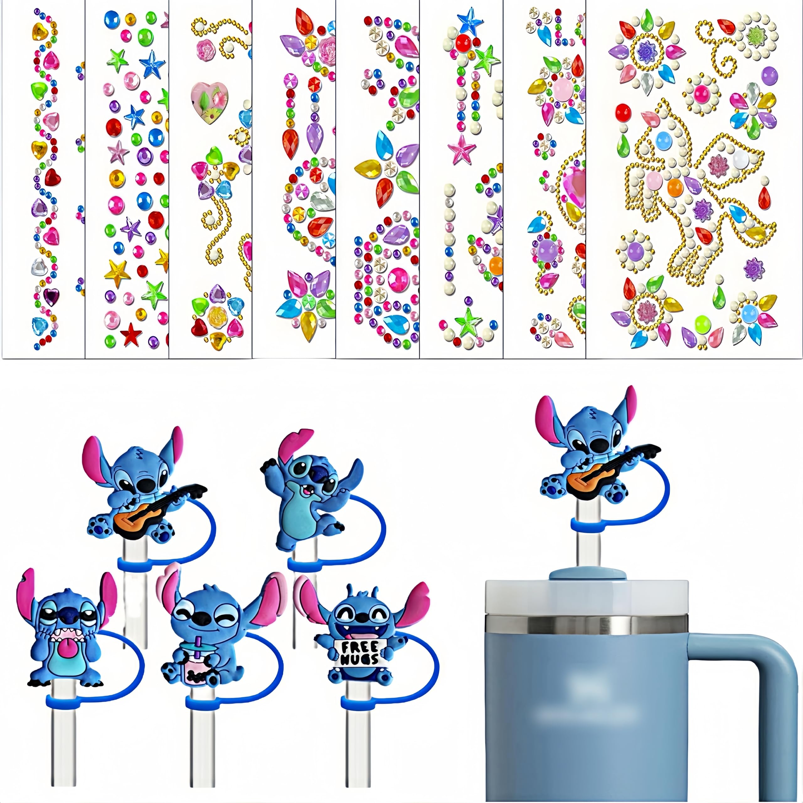YKIAMGH 210pcs Water Bottle Stickers and 5pcs Stitch Strraw Toppers for Stanley
