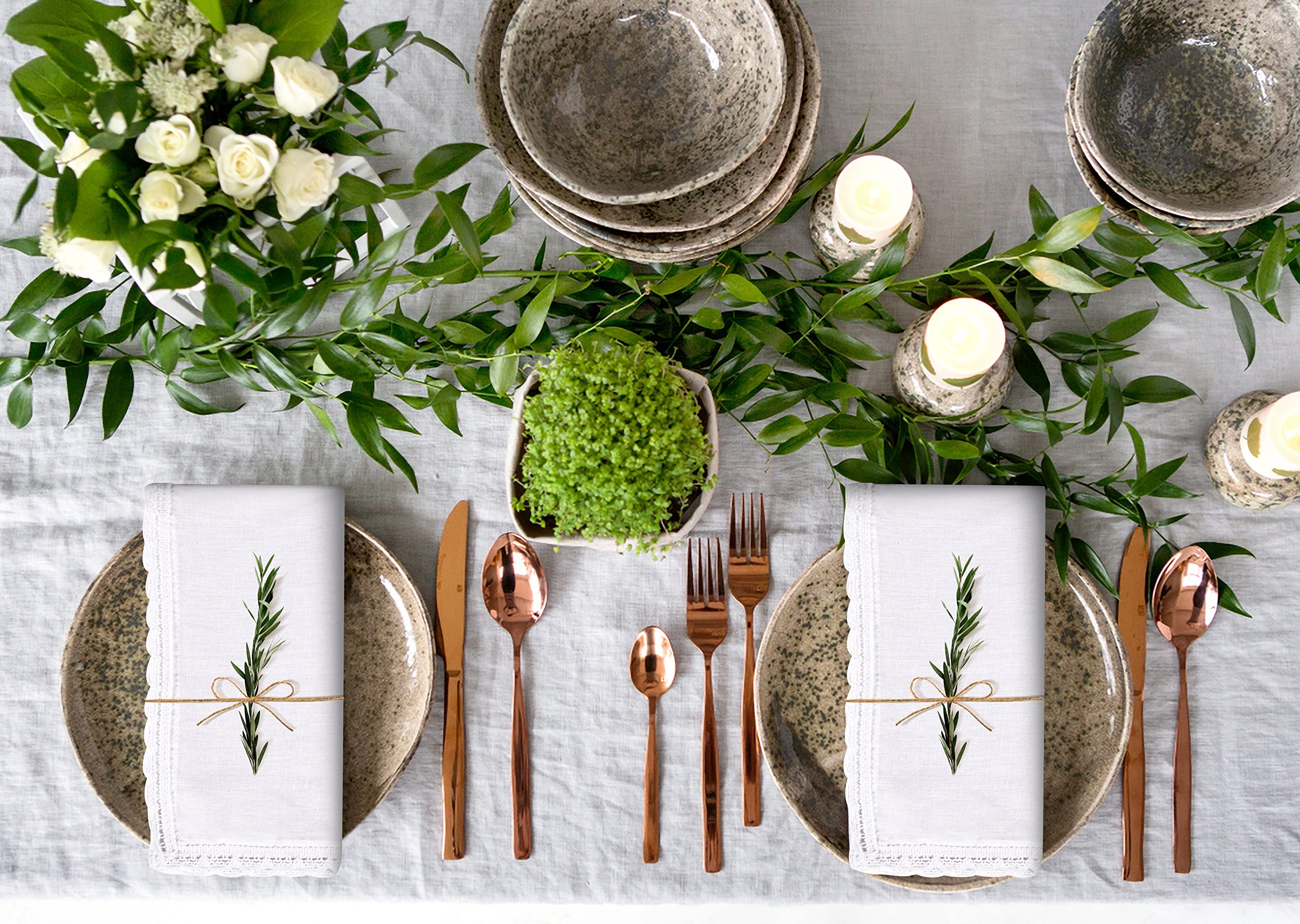 Ramanta Home Cloth Dinner Napkins Set of 12 Cotton Flax Fabric with Lace 20x20 Inch - Washable Fall Colors Table Linen Napkin for Christmas, Thanksgiving, Wedding, Cocktails or Everyday Use - White