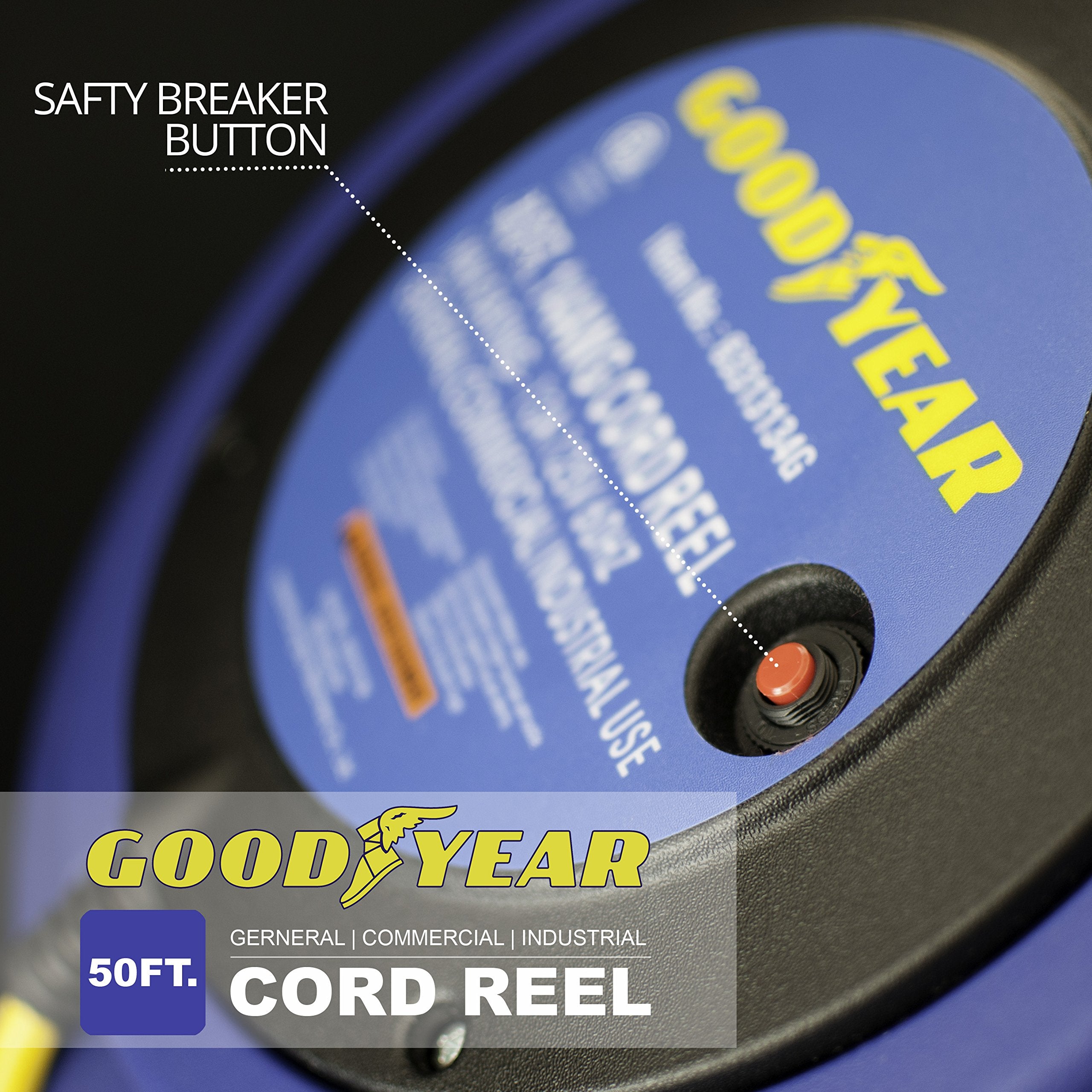 Goodyear Extension Cord Reel Retractable 16AWG x 50' Foot 3C/SJTOW Commercial Cable LED Triple Tap Connector Power 10A 125VAC 938W