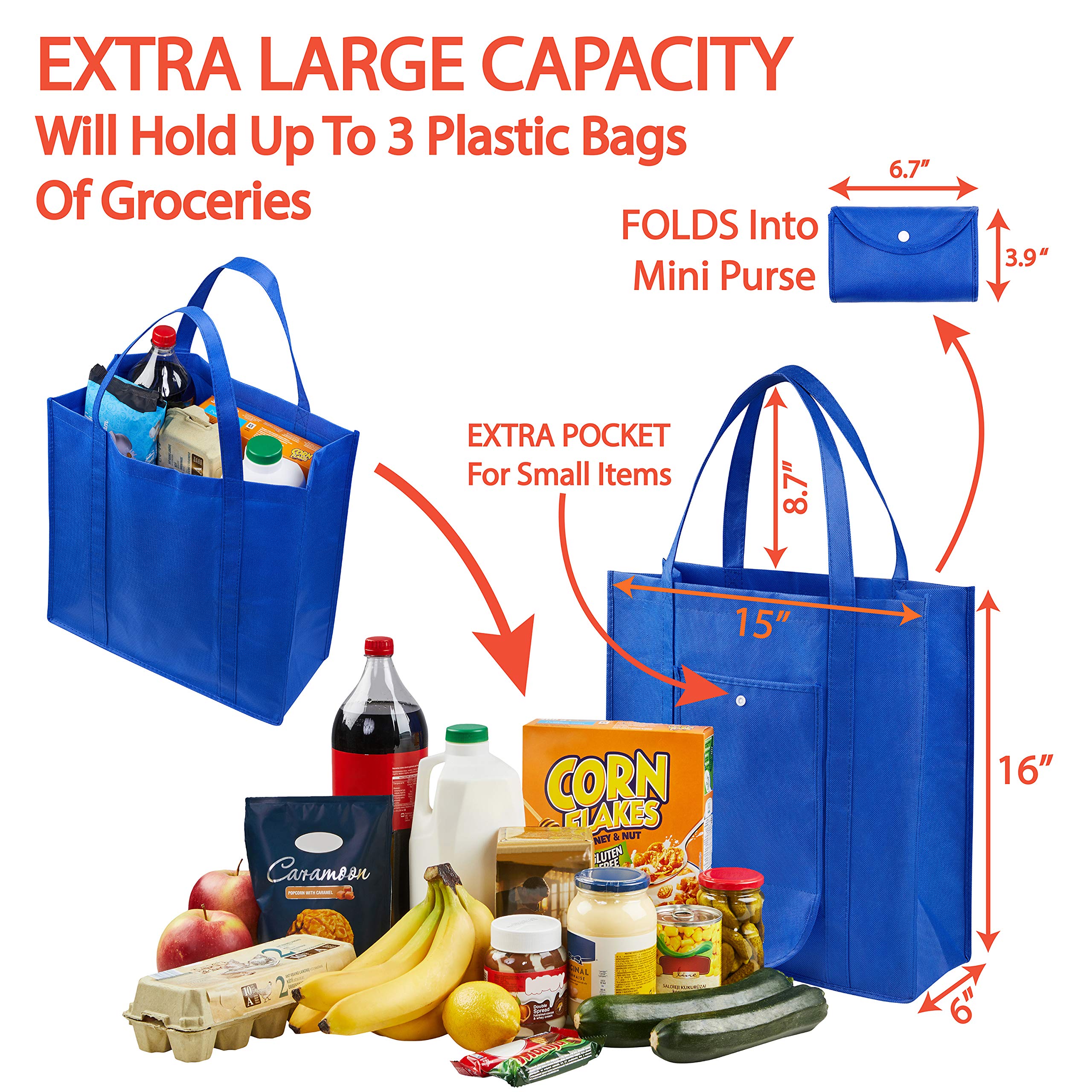 CLEVERFECT Extra Large Grocery Bags (Set of 5) - Foldable Into Pouch, Durable Heavy Duty Totes With Long Handles, Washable & Eco Friendly