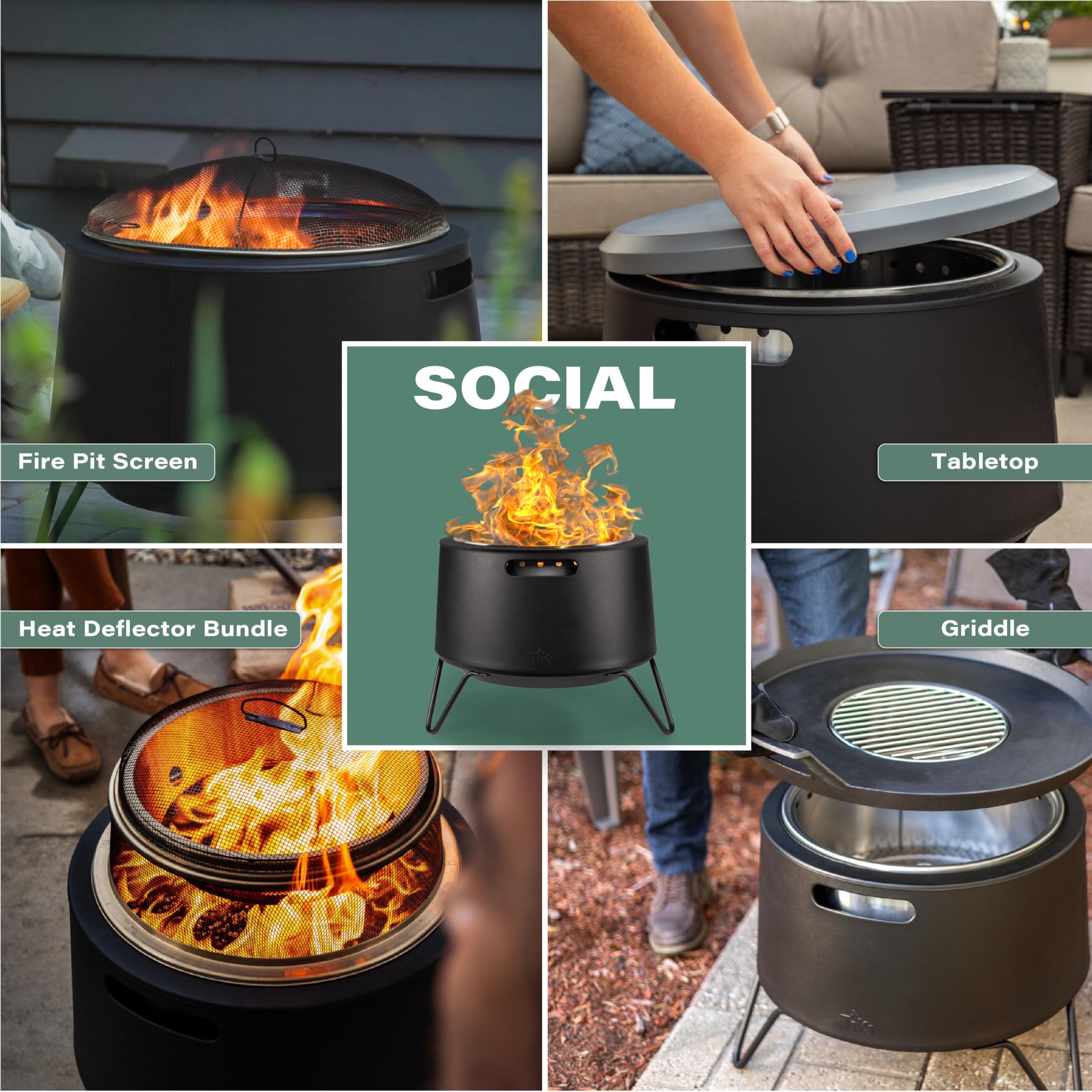 TIKI 20-Inch Smokeless Social Fire Pit, Portable Outdoor Fire Pit with Removable Ash Base, Stand & Cloth Cover – Modern Wood Burning Fire Pit for Patio, Backyard, and Gatherings