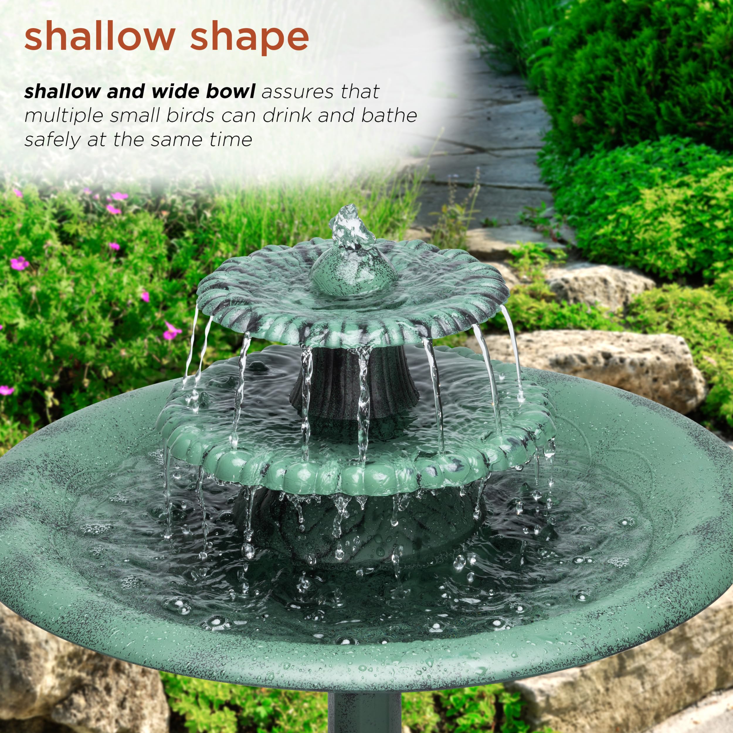 Alpine Corporation - TEC106 Outdoor Floor 3-Tiered Pedestal Water Fountain and Birdbath, Pedestal Waterfall Fountain, 35", Green - Relaxing Water Feature for Garden, Patio, Deck, or Yard