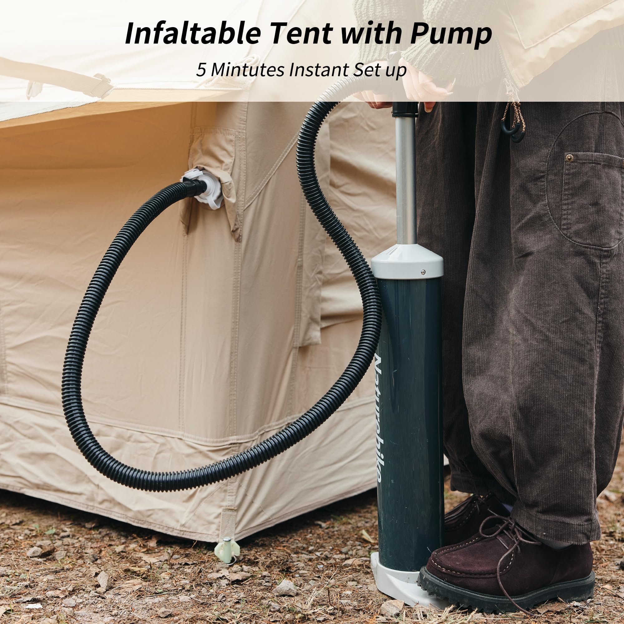 Naturehike Inflatable Tent House for Camping, Breathable Cotton Glamping Tent with Pump, Large Room 4 Season Tent for 4 Person, 4-8 Person Canvas Tent for Camping