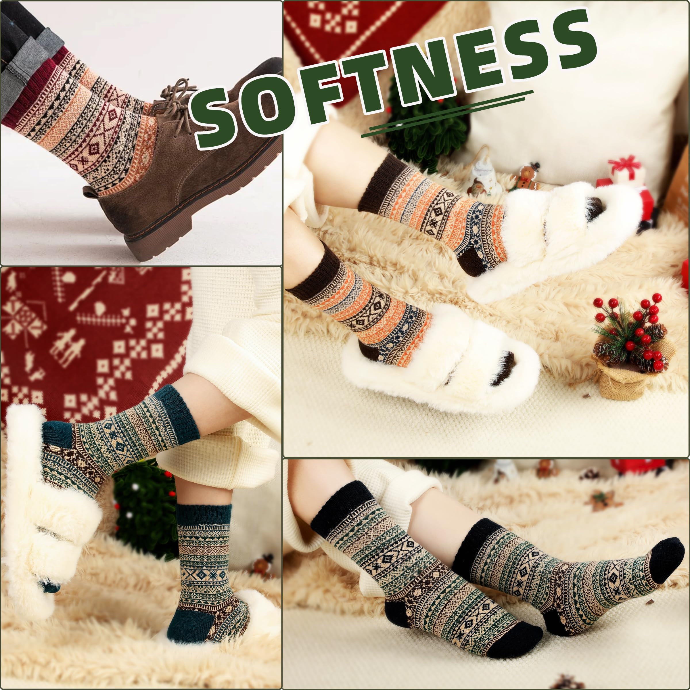LWWTBS Womens Wool Socks 5 Pairs Warm Winter Socks Knit Wool Socks Soft Vintage Casual Crew Socks Gifts for Women Men (Mul-1)