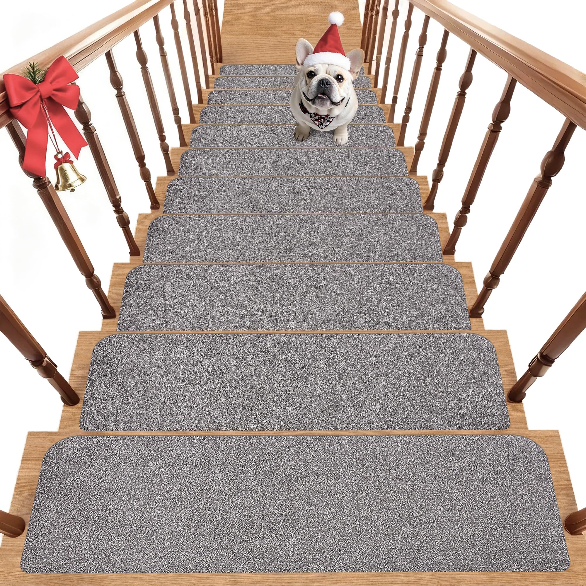 Non-Slip Stair Treads for Wooden Steps Indoor, 15 Pack 9" X 28" Stair Carpet Mats with TPE Backing for Kids Elders and Dogs, 0.3" Thick 100% Polyester Soft Stair Runner Rug, Light Grey