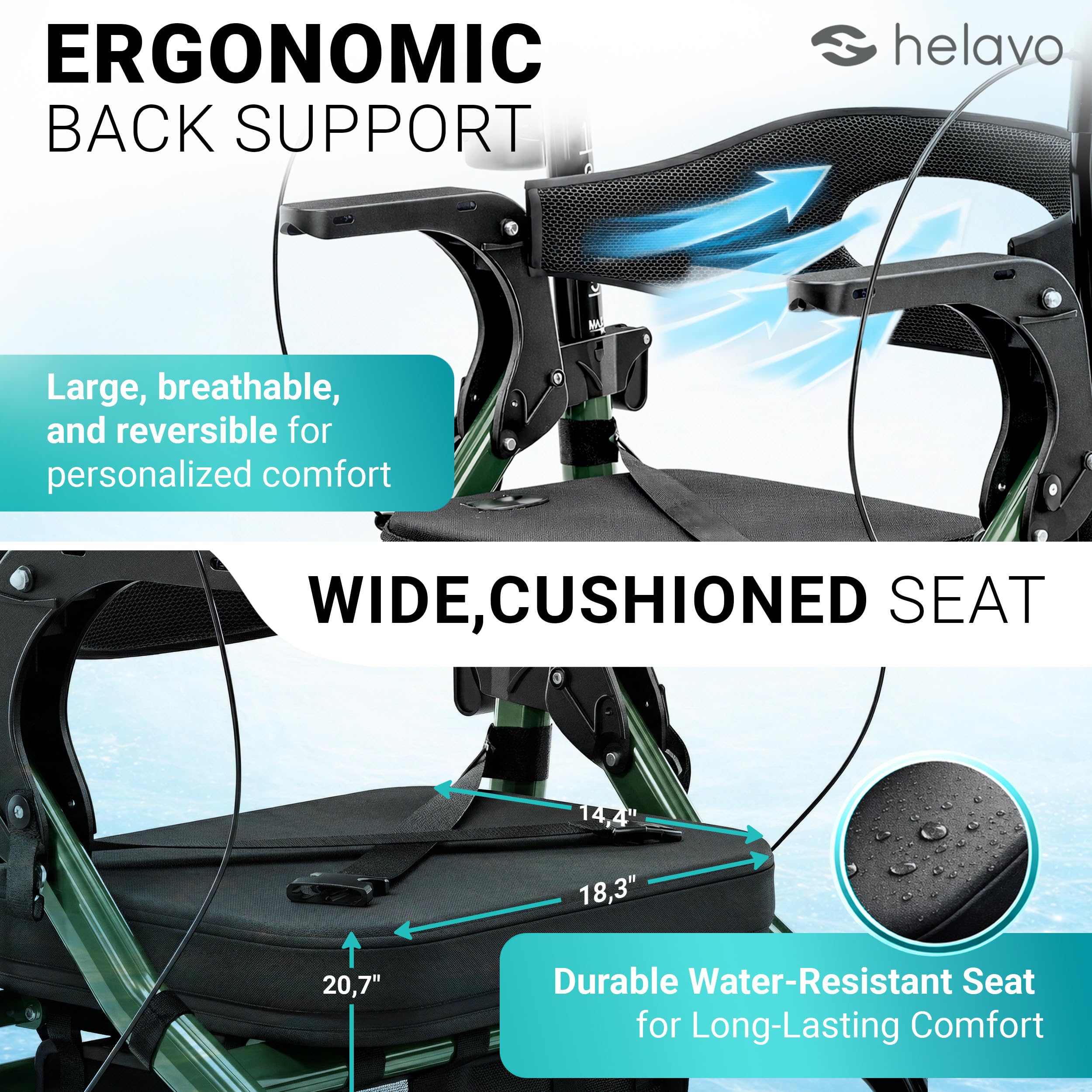 Helavo 2 in 1 Walker Wheelchair Combo with 10" All Terrain Wheels, Lightweight Rollator Transport Chair Combo, 300 lbs Load Capacity with Adjustable Height
