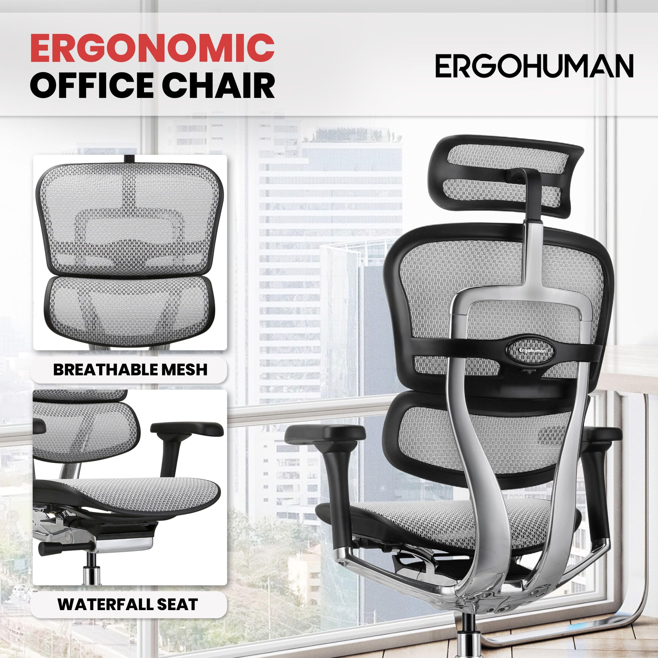 Ergohuman Eurotech GEN2 High Back, Mesh Executive Office Chair with Adjustable Lumbar Support – Ergonomic Tilt Control, Seat Slider, Armrests and Headrest Adjustment, Grey