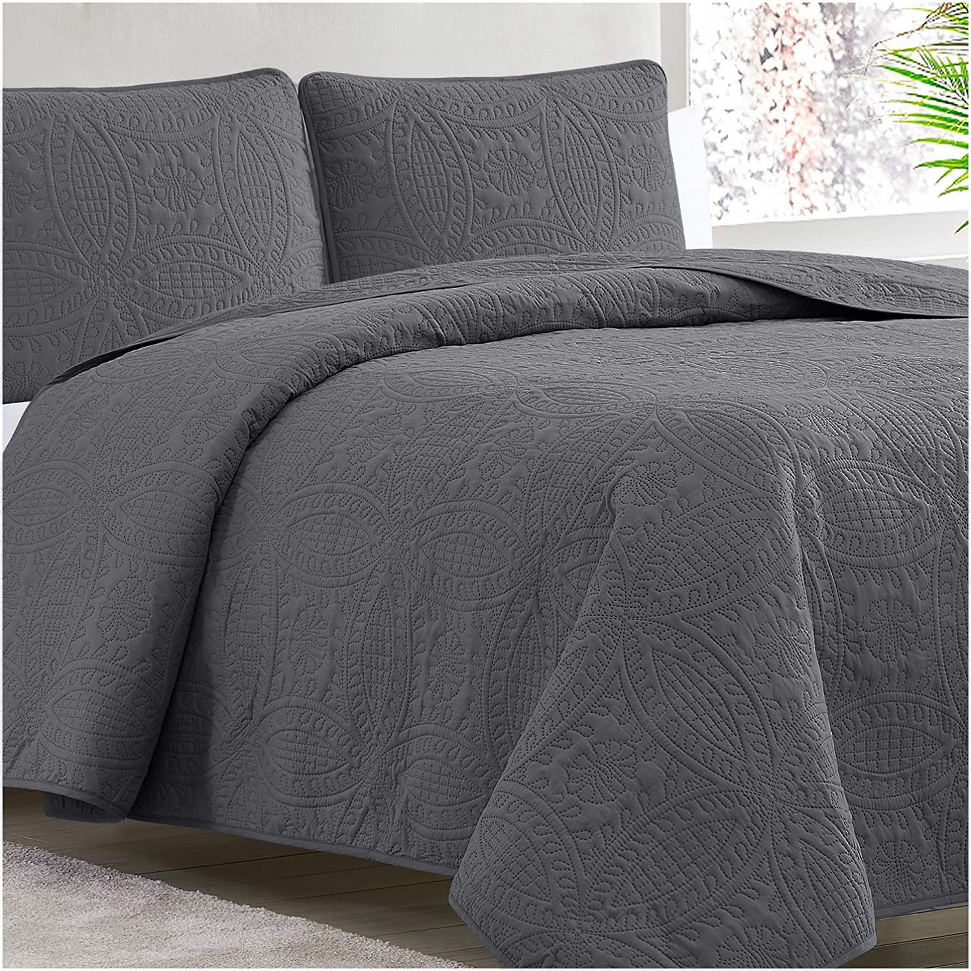 Mellanni Bedspread Coverlet Set + 6PC Sheets Set Bundle&Save - Iconic Collection Bedding - Bundle Includes: 3 Piece Oversized Quilt Set and 6 Piece Bed Sheet Set (King, Gray/Spa Blue)