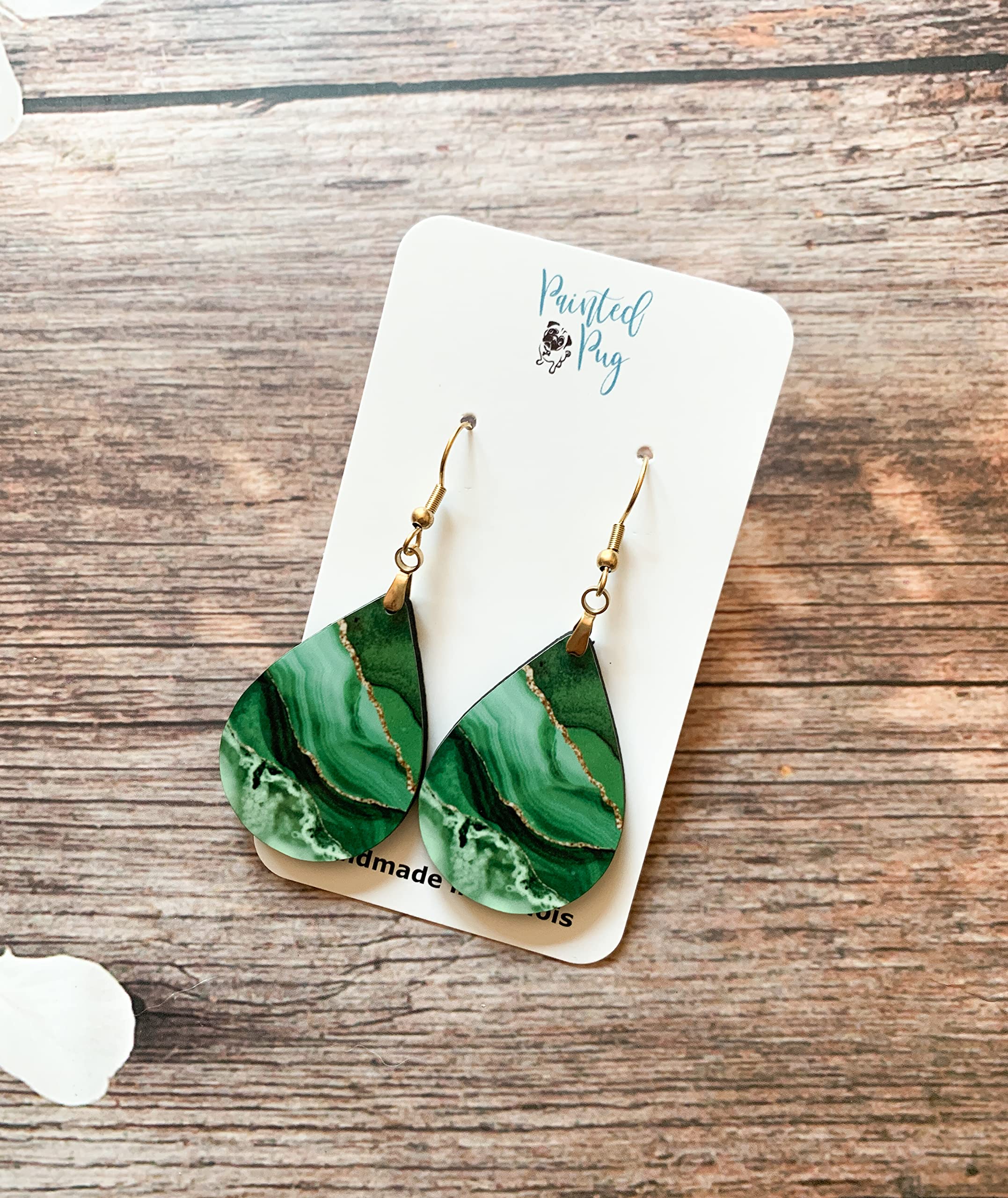 Green Earrings for Women with Gold Strands Teardrop Dangle Spring Dangling Wood Statement Jewelry MDF Kelly Lime Handmade by The Painted Pug (Large Single Pair)
