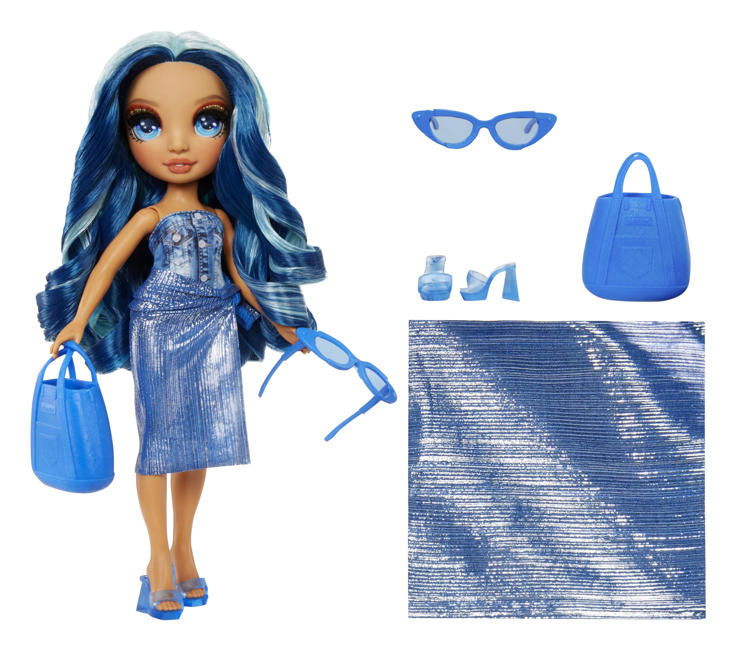Rainbow High Swim & Style Skyler, Blue 11" Fashion Doll with Shimmery Wrap to Style 10+ Ways, Removable Swimsuit, Sandals, Fun Play Accessories, Great Toy Gift for Girls Kids Ages 4-12 Years