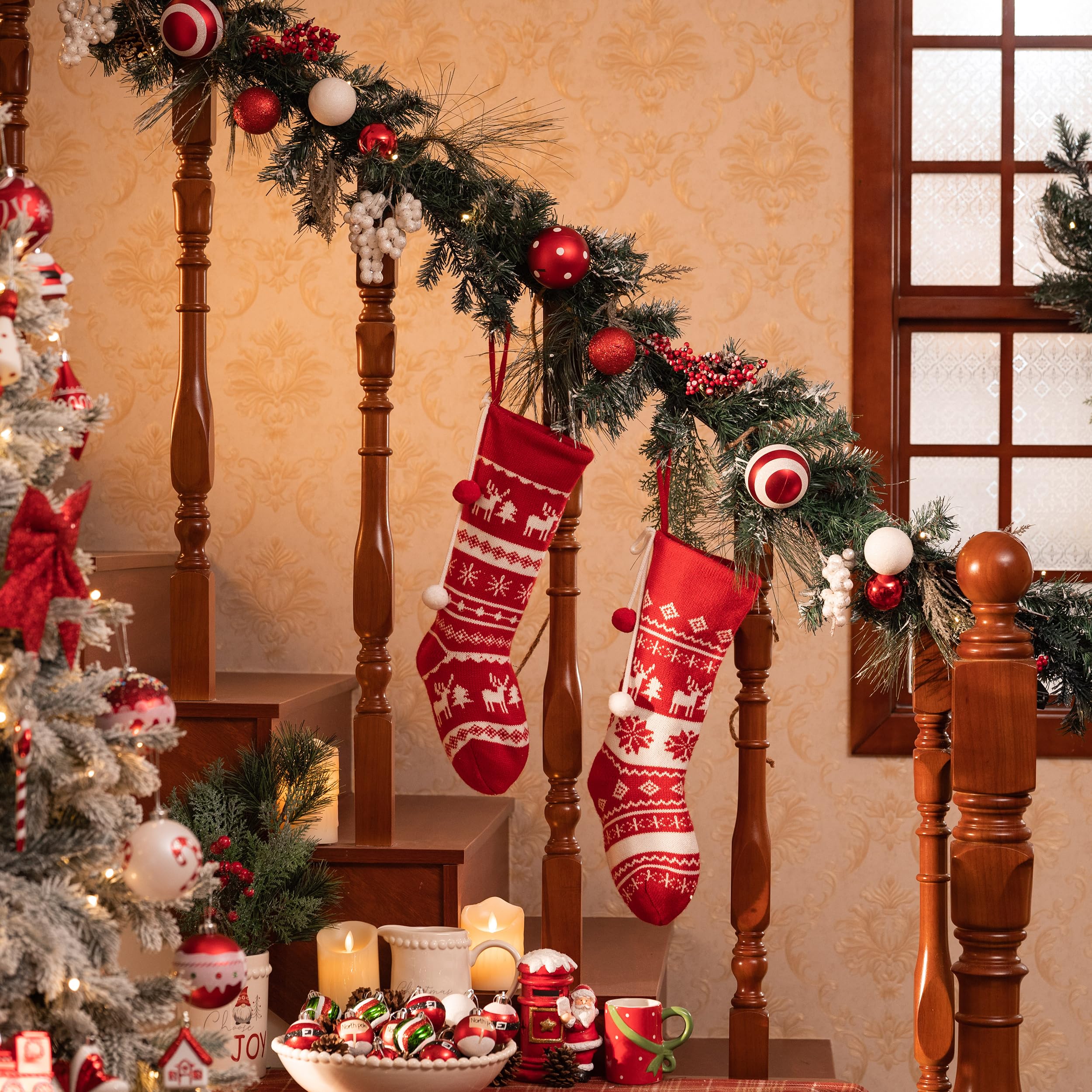 Valery Madelyn 6 feet Pre-Lit Christmas Garland with Lights for Mantle, Lighted Battery Operated Valentine's Day Garland with Red White Balls for Front Door Fireplace Table Centerpiece Decor