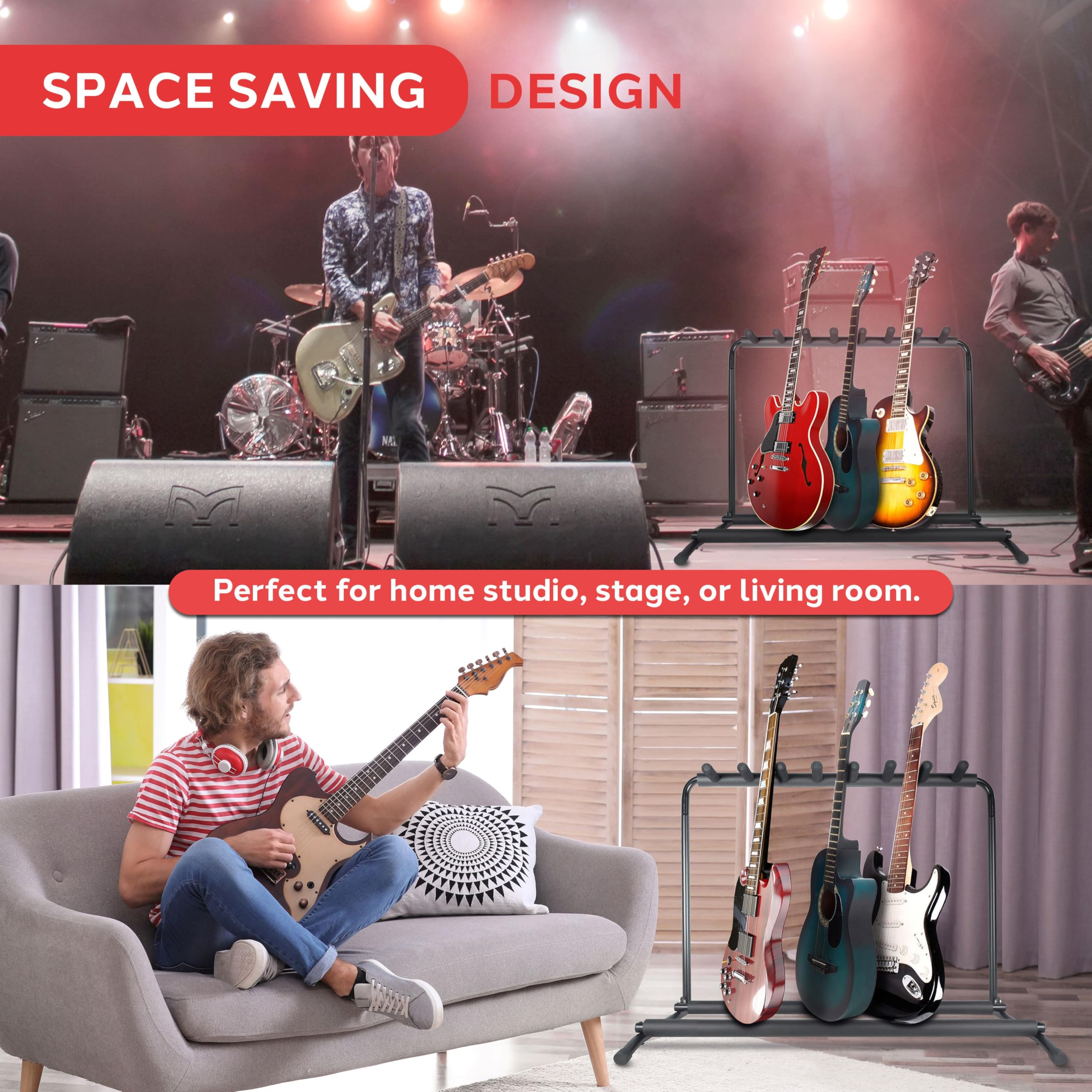 Pyle Multi-Guitar Stand 7 Slot Display Rack - Universal Framework Designed for Electric, Acoustic, Bass Guitars & Cases - Foldable, Portable, and Protective with No-Slip Non-Scratch Padding - Black